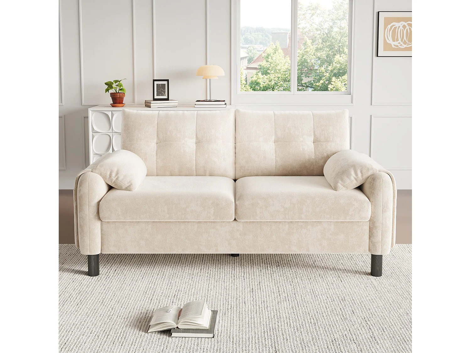 2-zitsbank met zijvakken en armleuningen, gewatteerde rugleuning - beige chenille