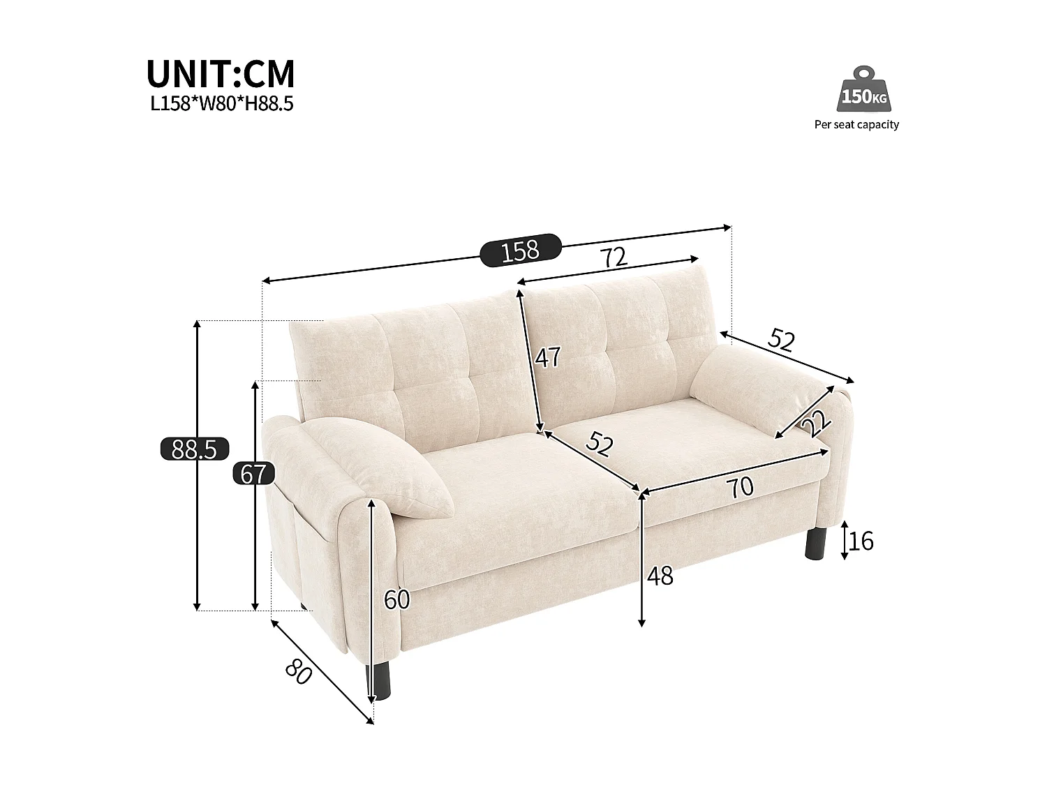 2-zitsbank met zijvakken en armleuningen, gewatteerde rugleuning - beige chenille