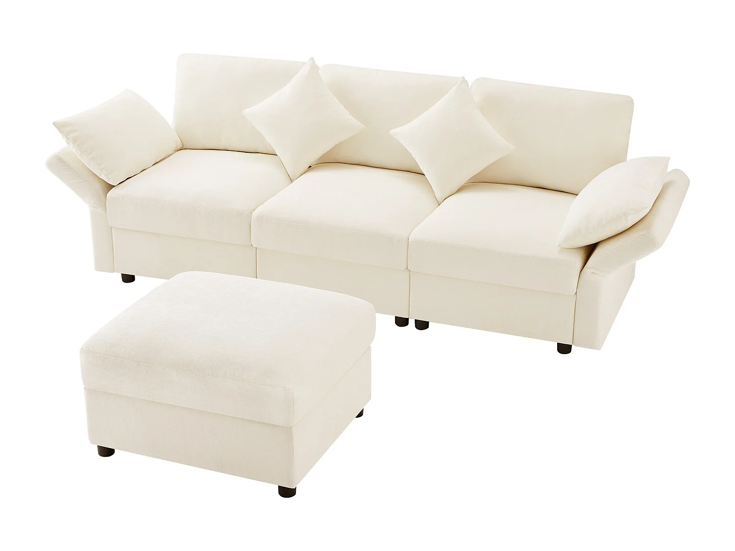 3-zitsbank, Hoekbank met voetenbank en verstelbare armleuningen - Beige chenille