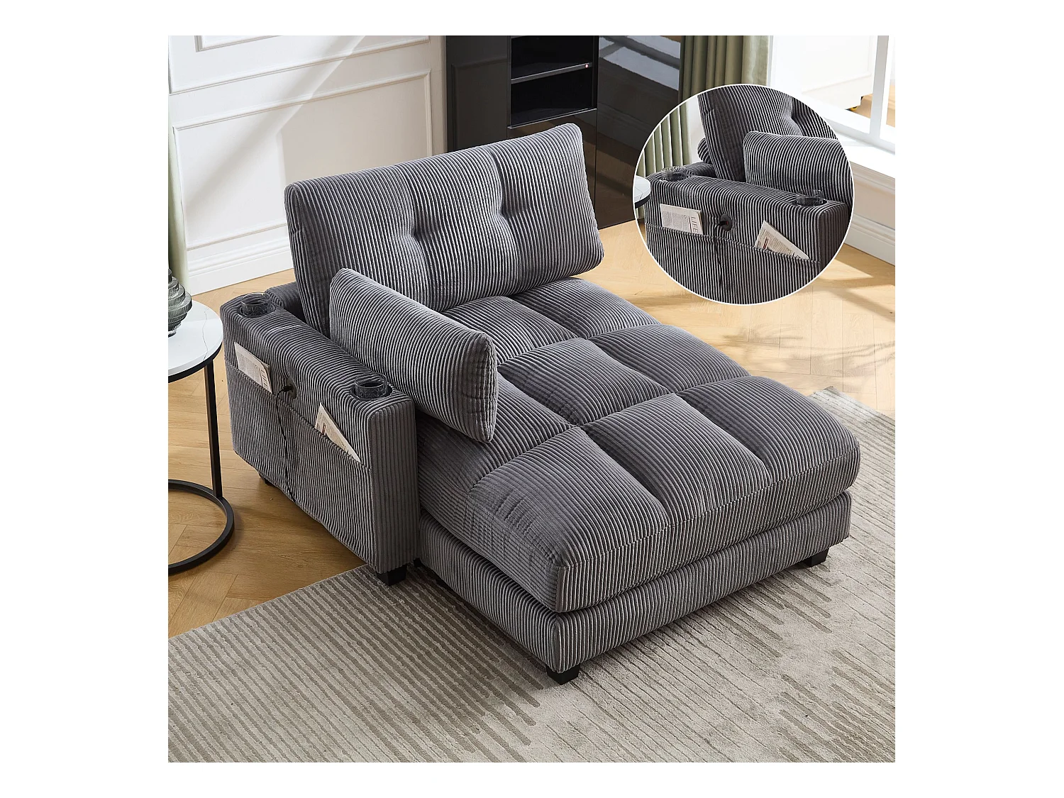 Canapé 1 place avec dossier rembourré, port USB et porte-gobelet - velours côtelé gris