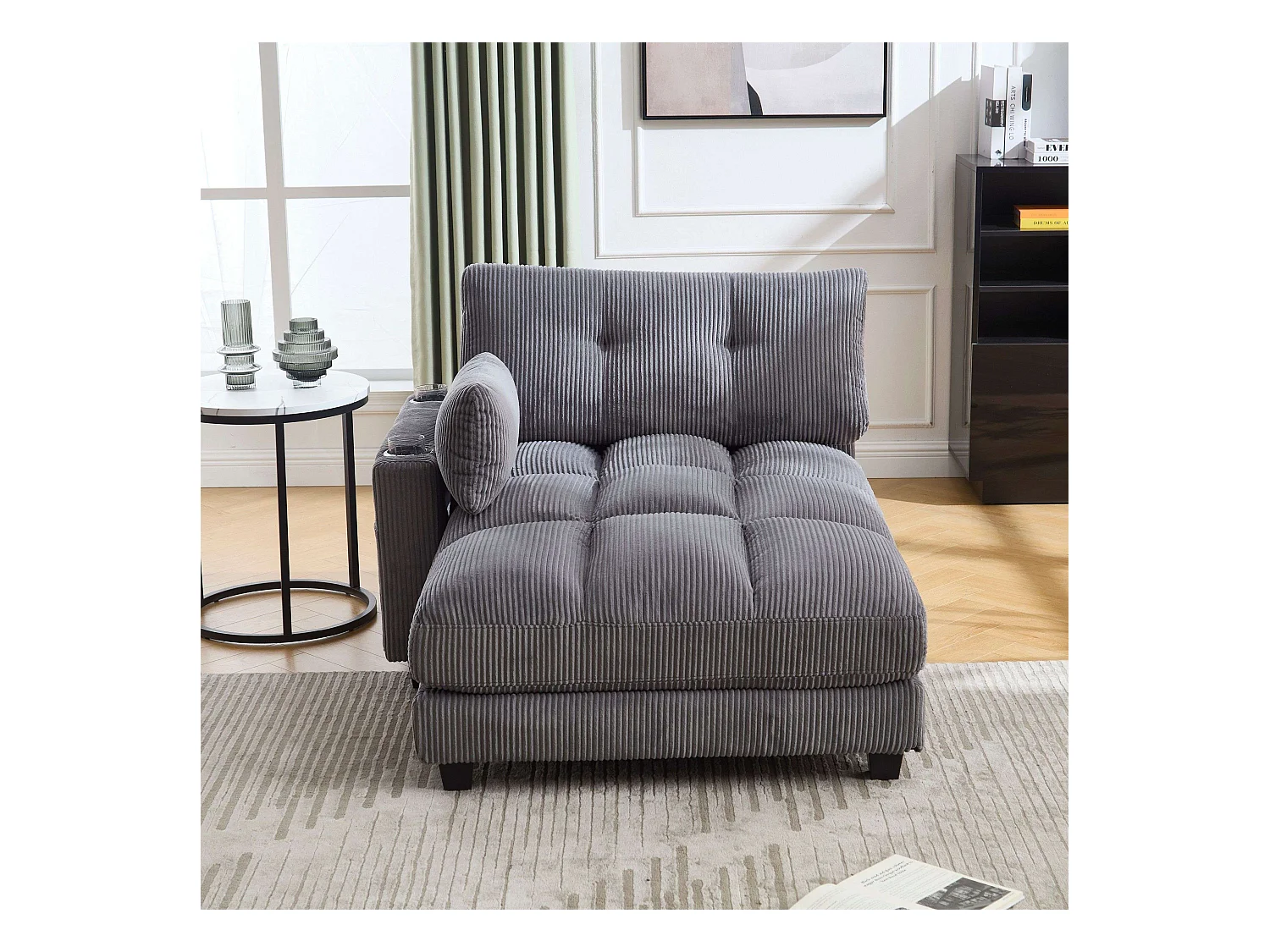 Canapé 1 place avec dossier rembourré, port USB et porte-gobelet - velours côtelé gris