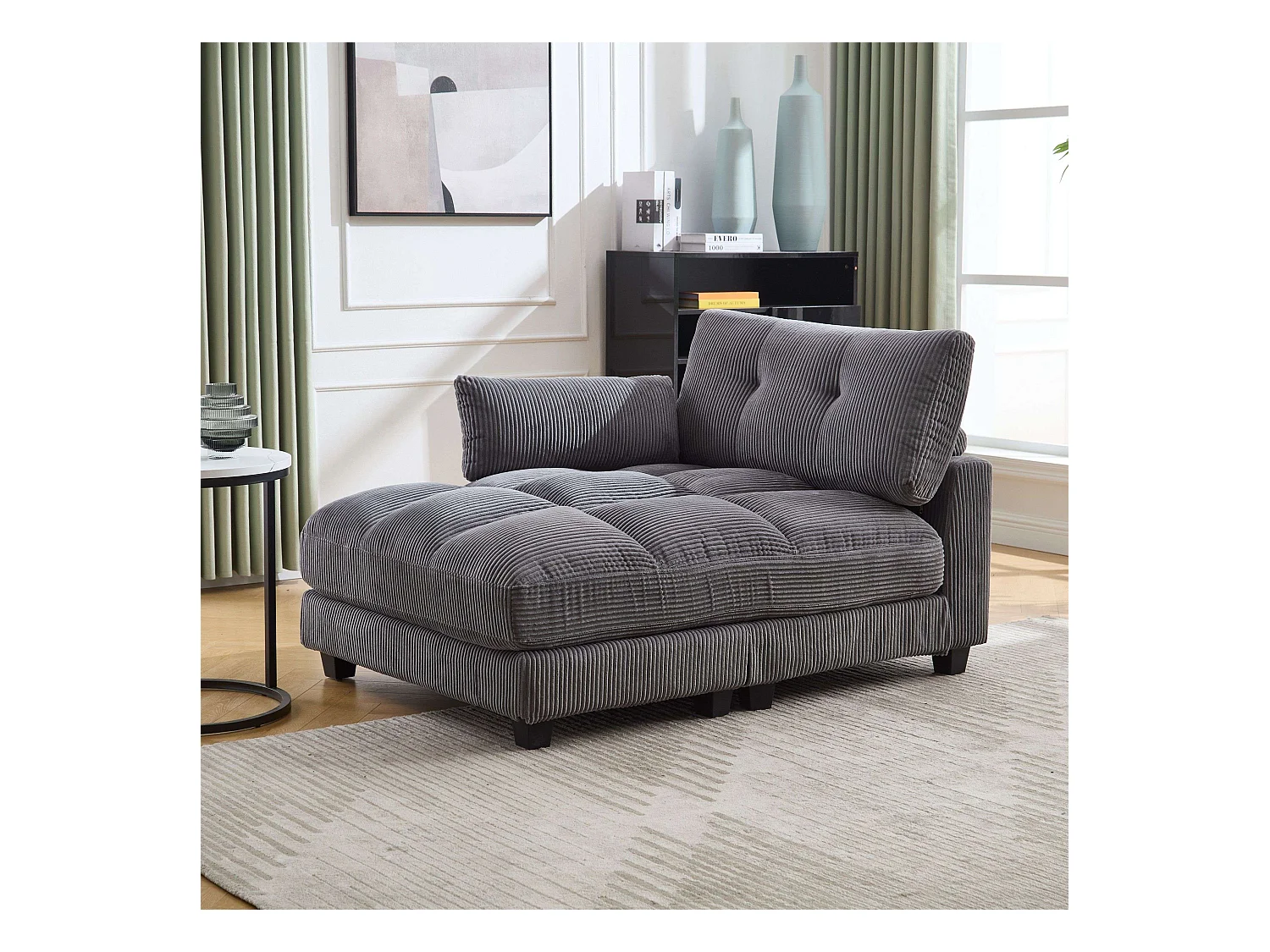 Canapé 1 place avec dossier rembourré, port USB et porte-gobelet - velours côtelé gris