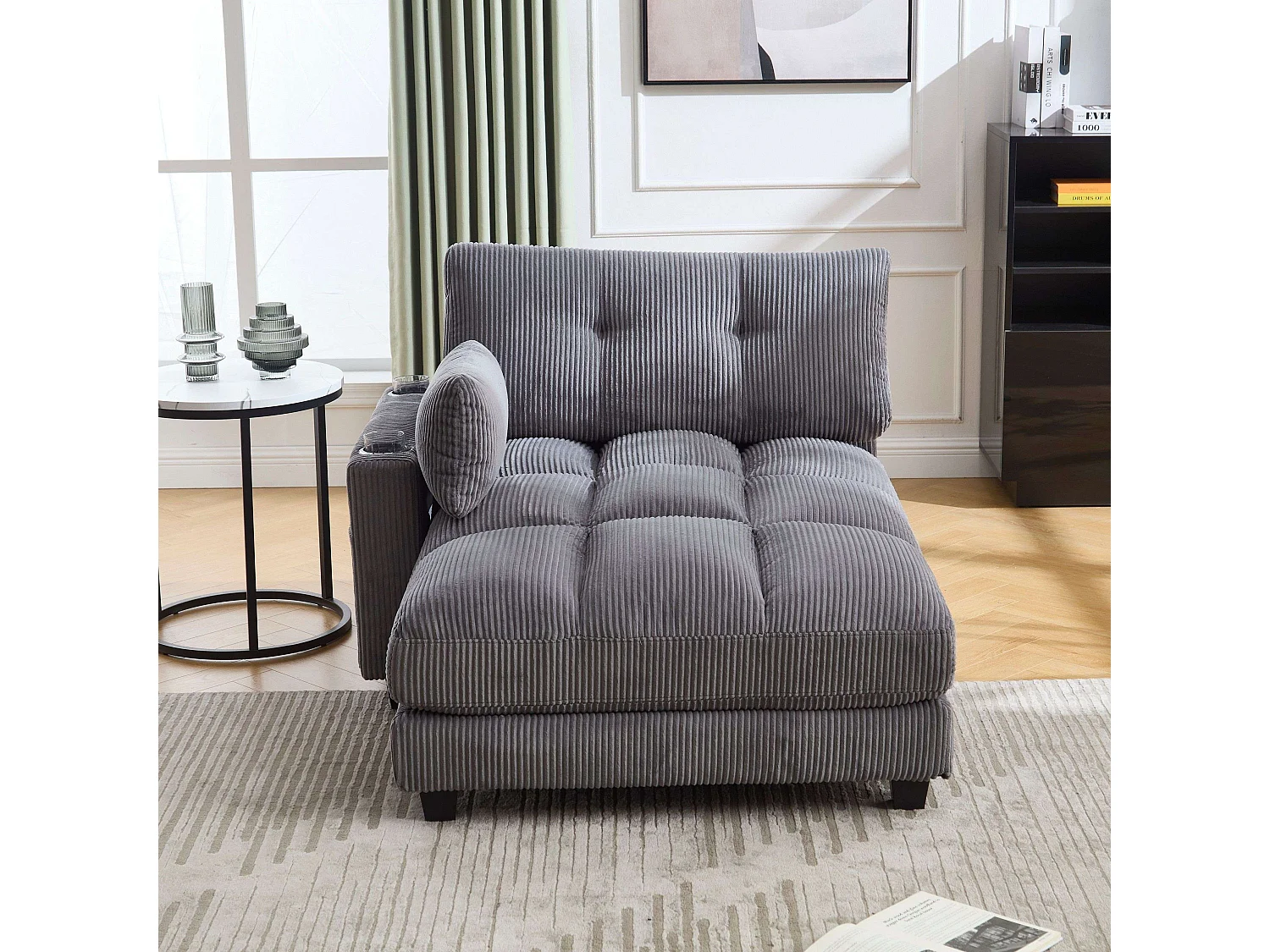 Sofa 1-osobowa z tapicerowanym oparciem, portem USB i uchwytem na kubek – szary sztruks