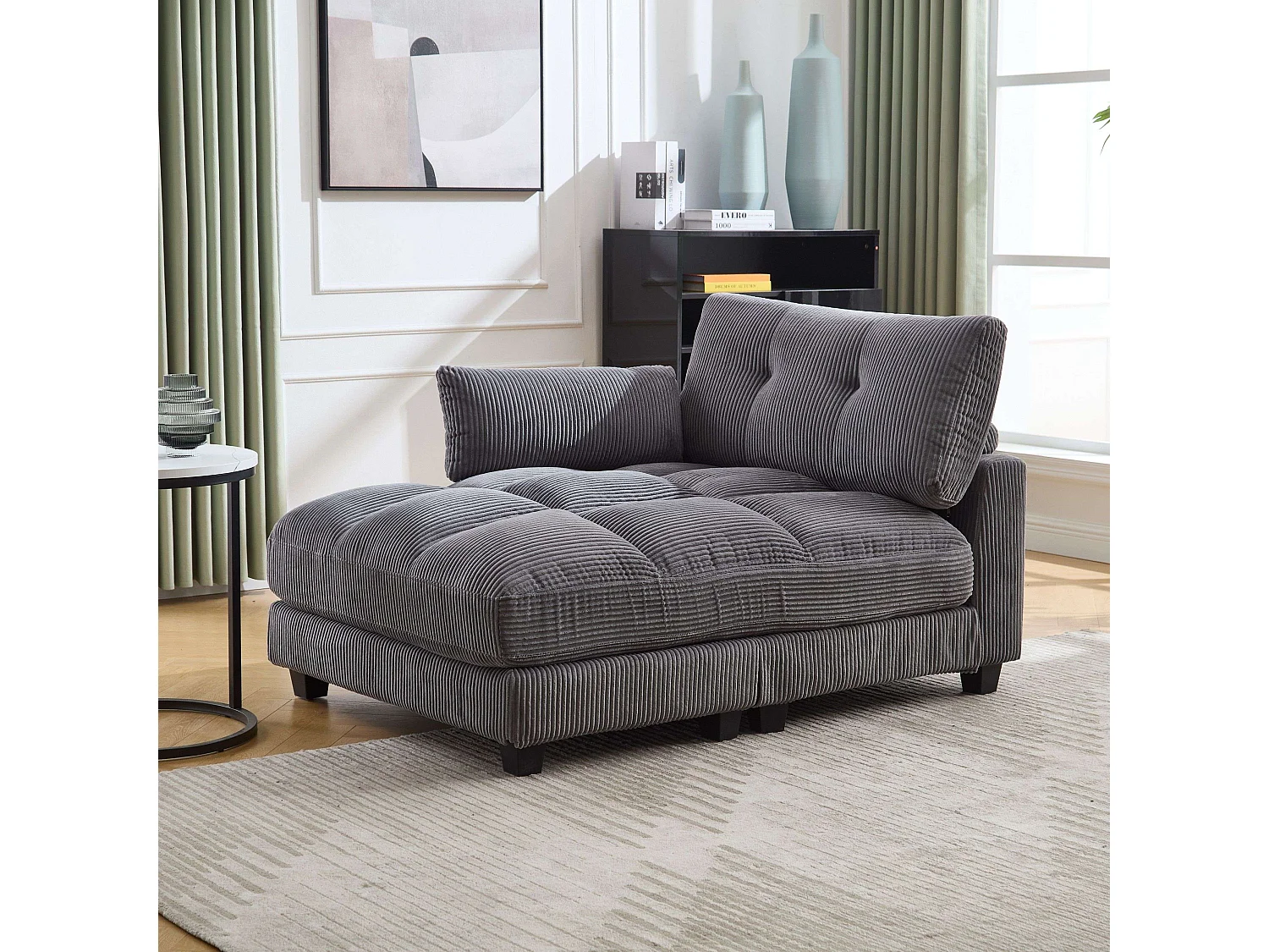 Sofa 1-osobowa z tapicerowanym oparciem, portem USB i uchwytem na kubek – szary sztruks