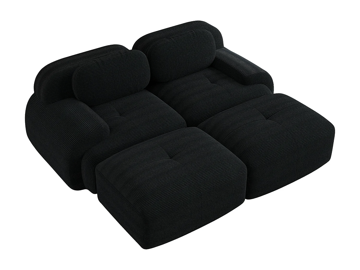 2-zits bank van ribfluweel met armleuningen en poef, zwart - geschikt voor woonkamer en slaapkamer