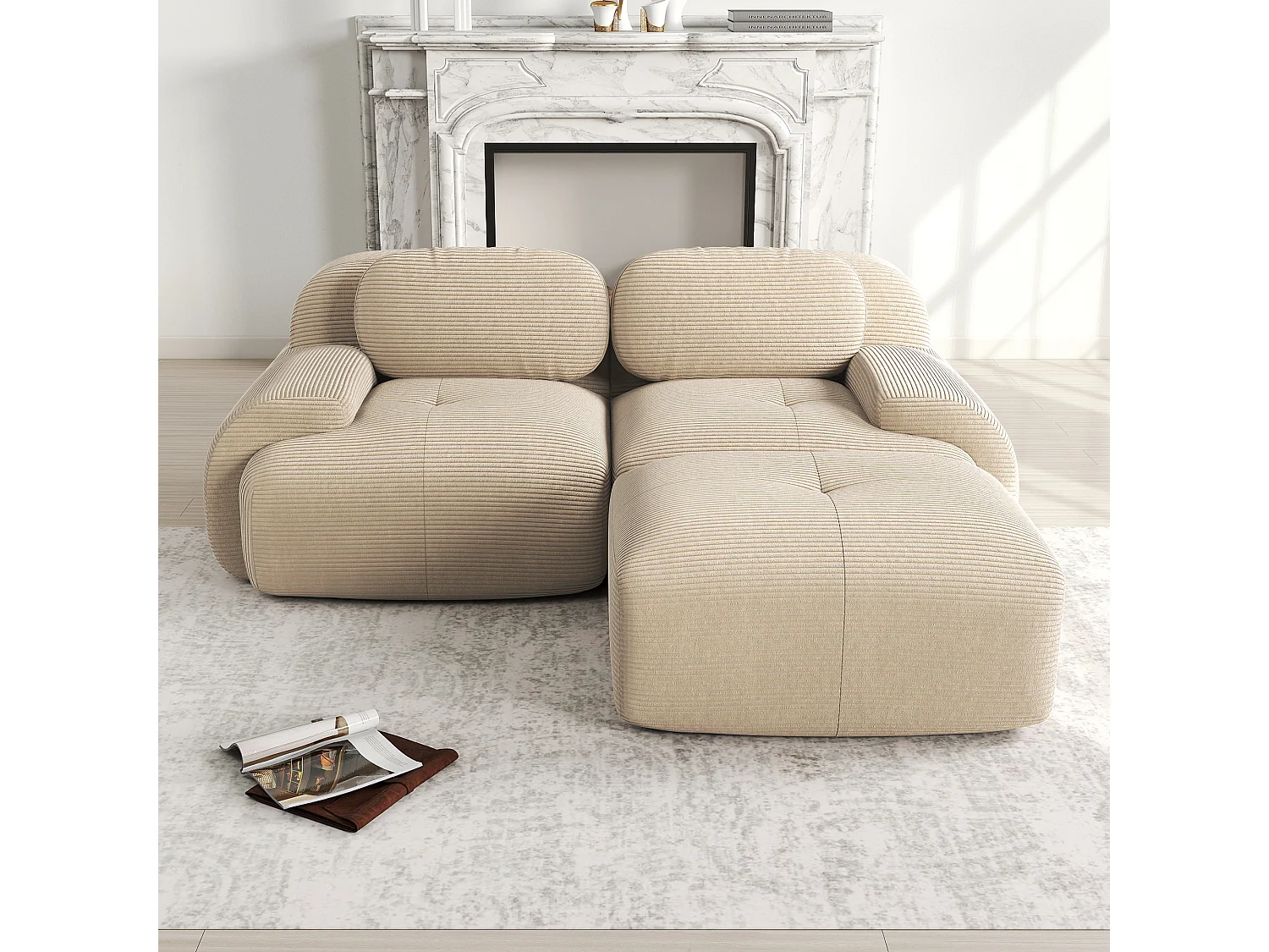 Hoekbank met gebogen armleuningen en gewatteerde rugleuning - beige ribfluweel