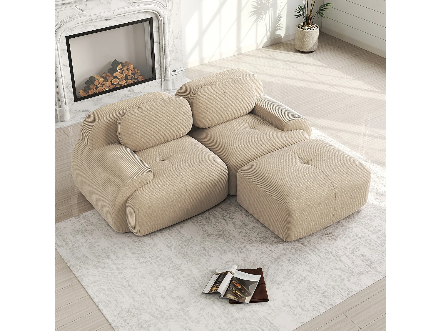 Hoekbank met gebogen armleuningen en gewatteerde rugleuning - beige ribfluweel