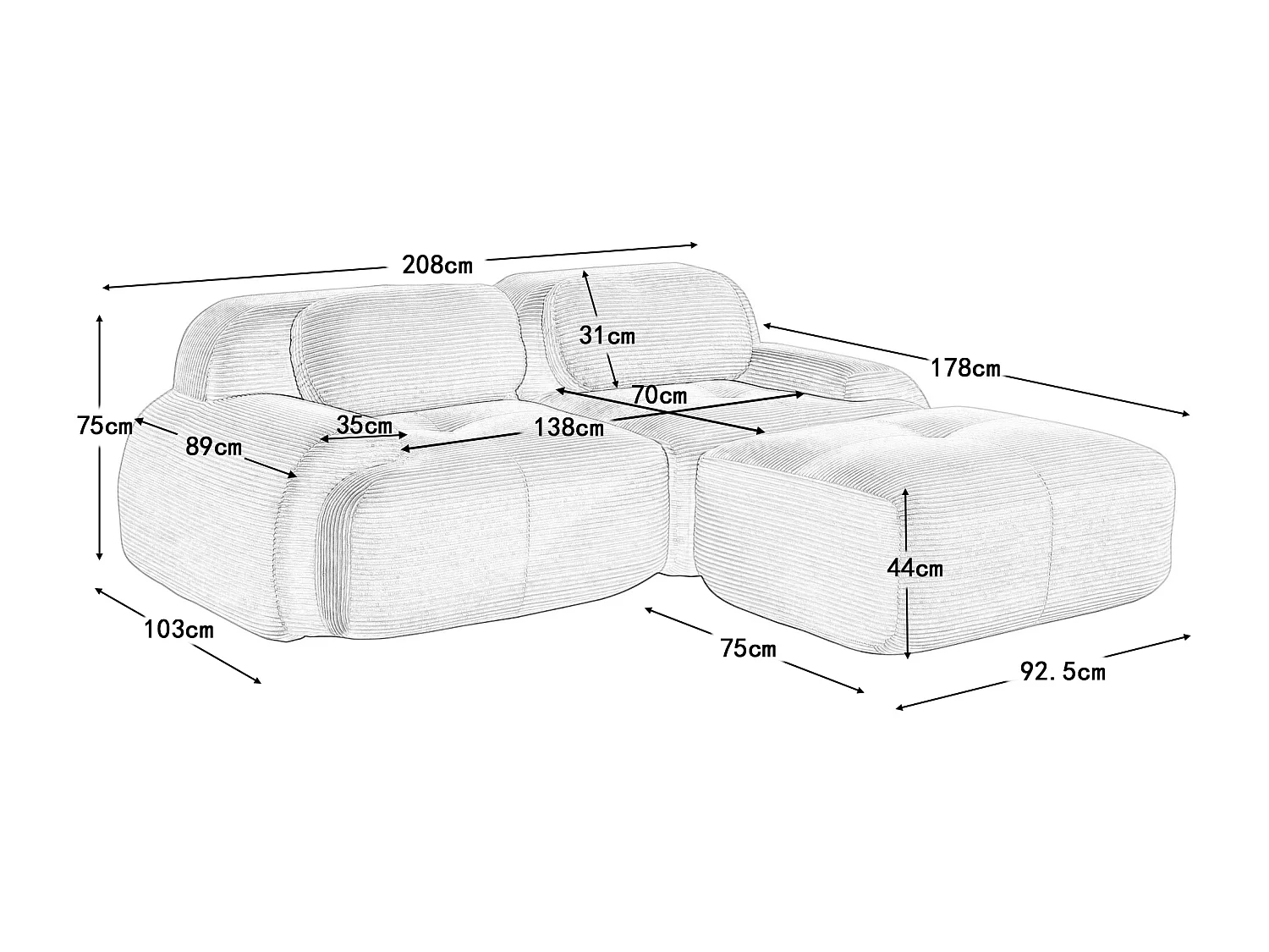 Hoekbank met gebogen armleuningen en gewatteerde rugleuning - beige ribfluweel