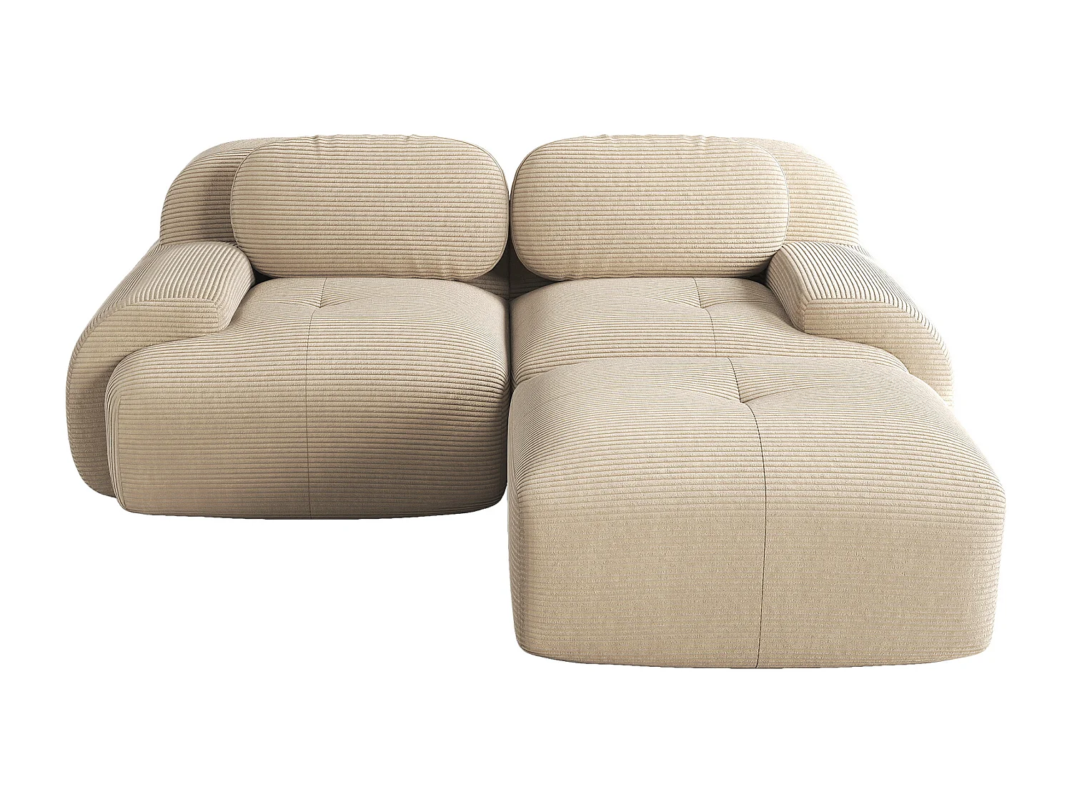 Hoekbank met gebogen armleuningen en gewatteerde rugleuning - beige ribfluweel