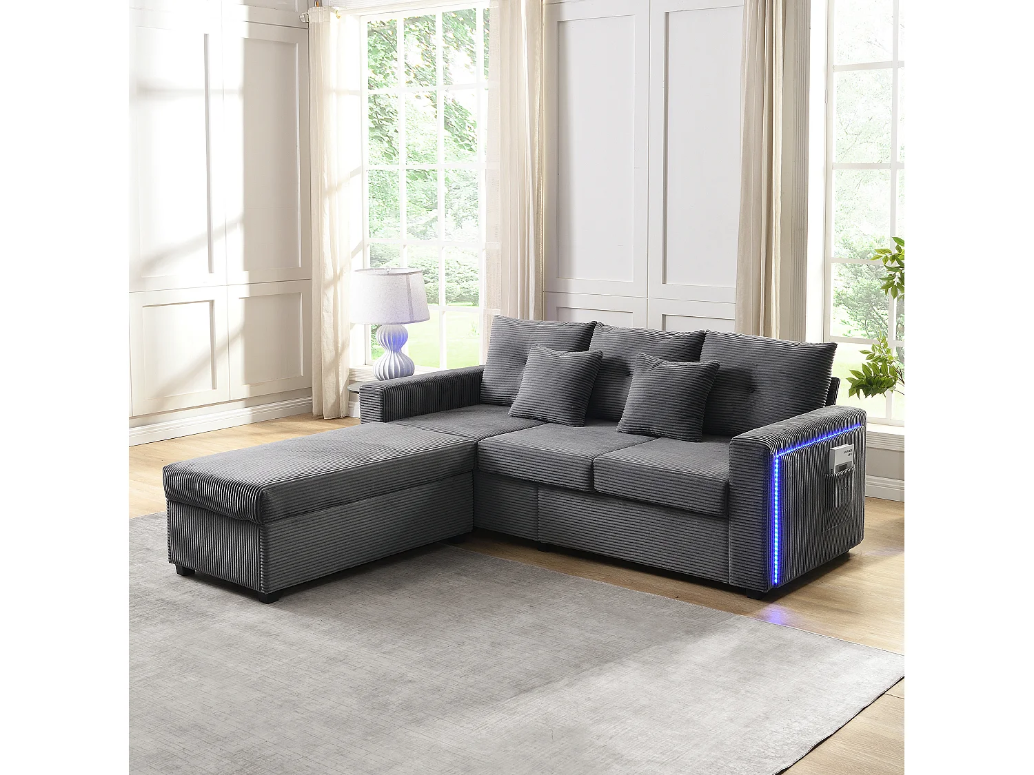 Sofa 3-osobowa, Narożnik z oświetleniem LED i podnóżkiem - ciemnoszary sztruks