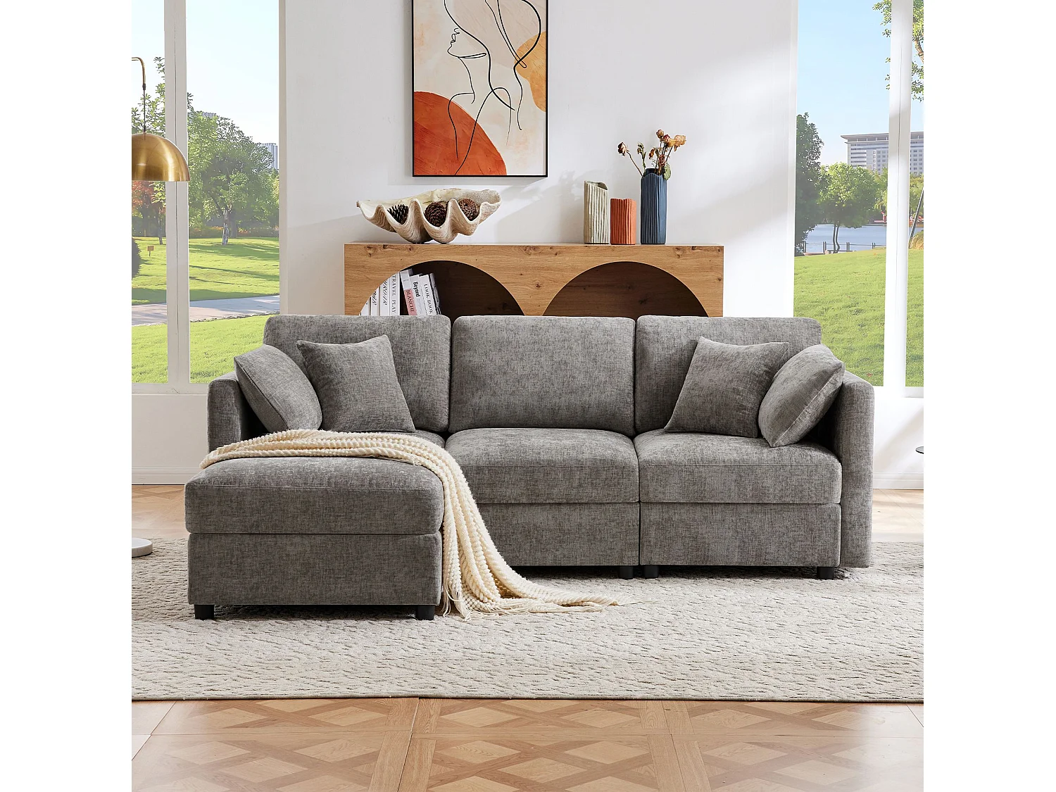 3-zitsbank, Hoekbank met voetenbank en verstelbare armleuningen - Grijs chenille