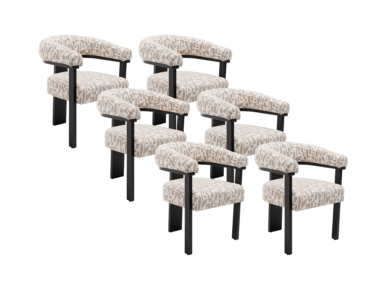 Lot de 6 chaises avec accoudoirs en tissu texturé bicolore et bois d'hévéa noir - Crème et taupe - LIVELIA de Pascal Morabito