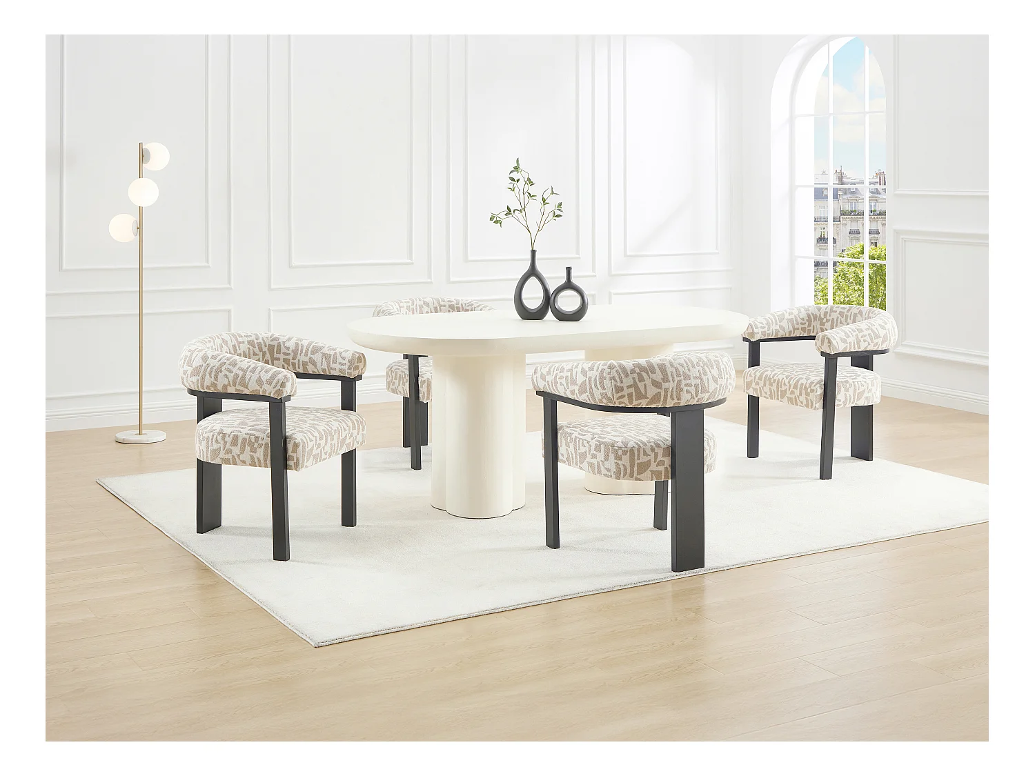 Lot de 6 chaises avec accoudoirs en tissu texturé bicolore et bois d'hévéa noir - Crème et taupe - LIVELIA de Pascal Morabito