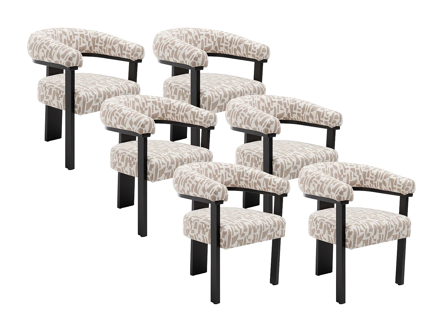 Sæt med 6 stole med armlæn i tofarvet tekstureret stof og sort gummitræ - Cremefarvede og taupe - LIVELIA af Pascal Morabito