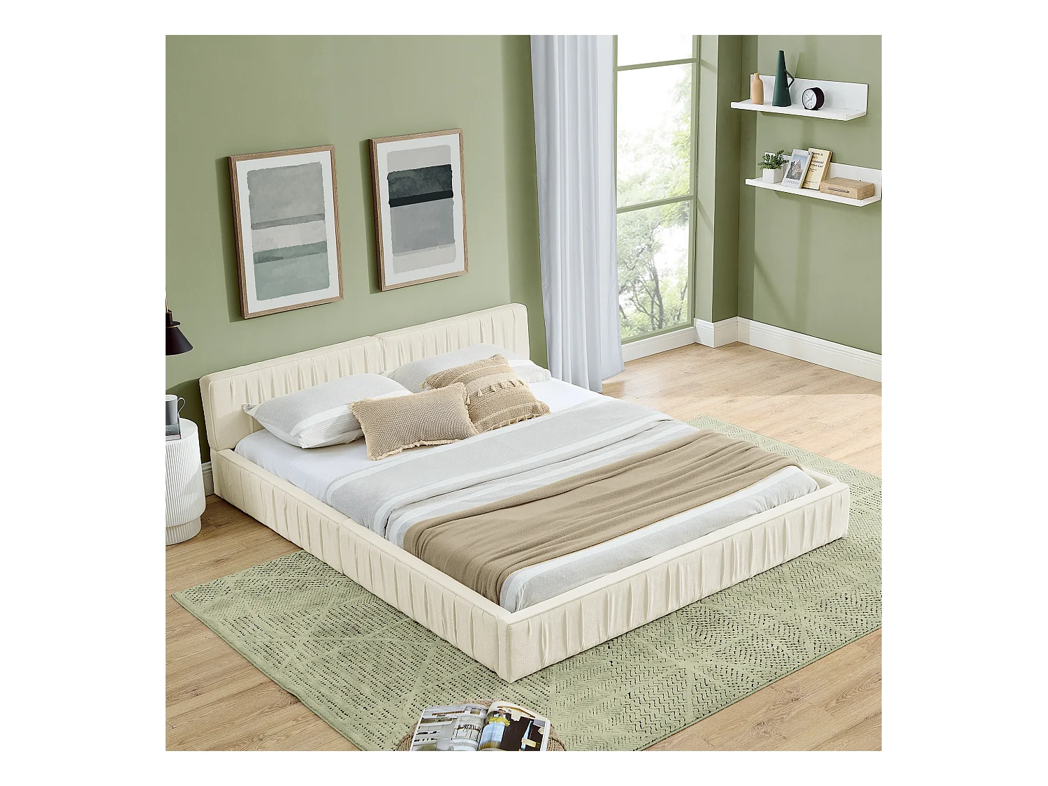 Łóżko podwójne 140x200 cm z tapicerowanym zagłówkiem, szenila beżowa - bez materaca