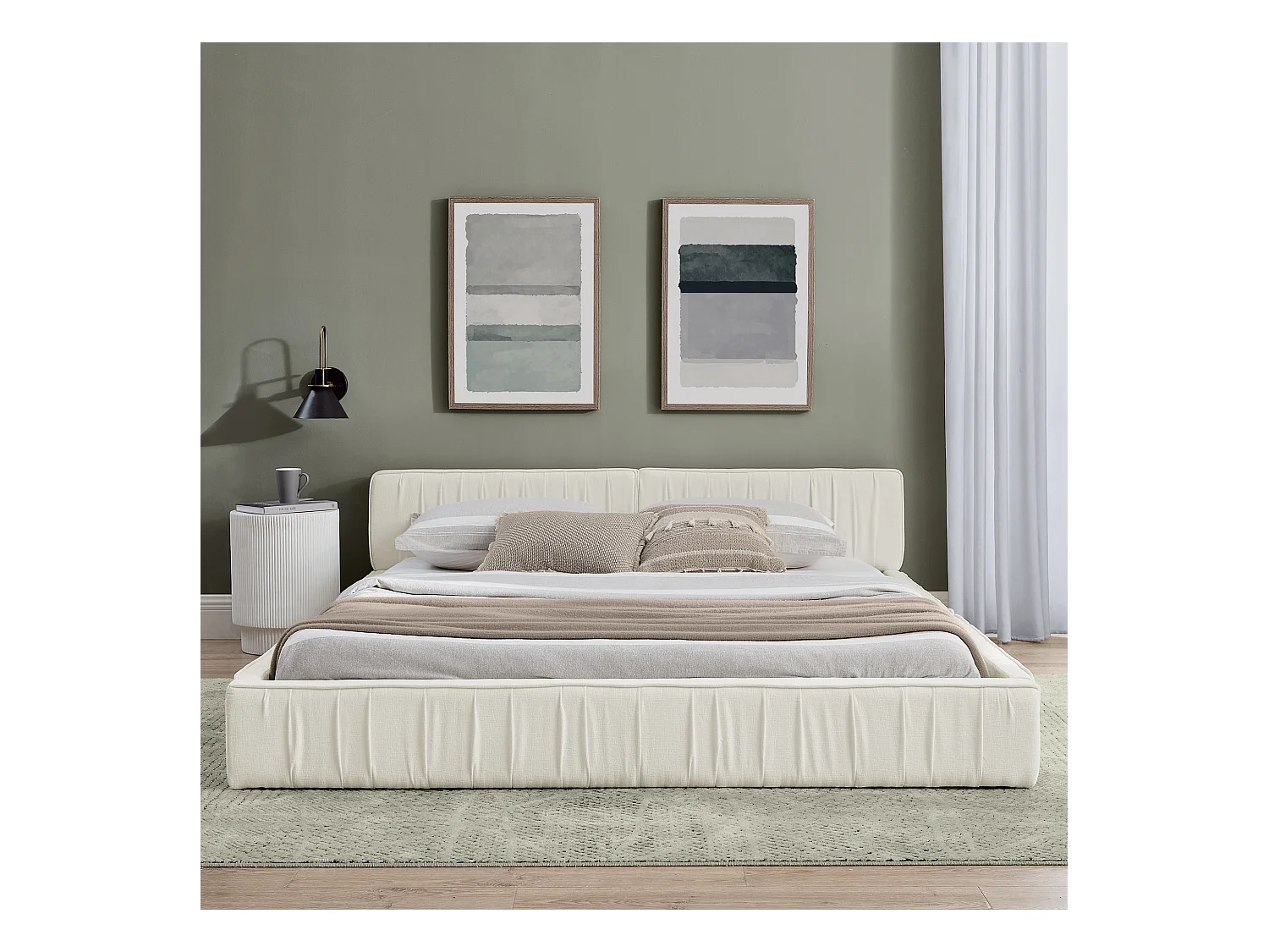 Łóżko podwójne 140x200 cm z tapicerowanym zagłówkiem, szenila beżowa - bez materaca