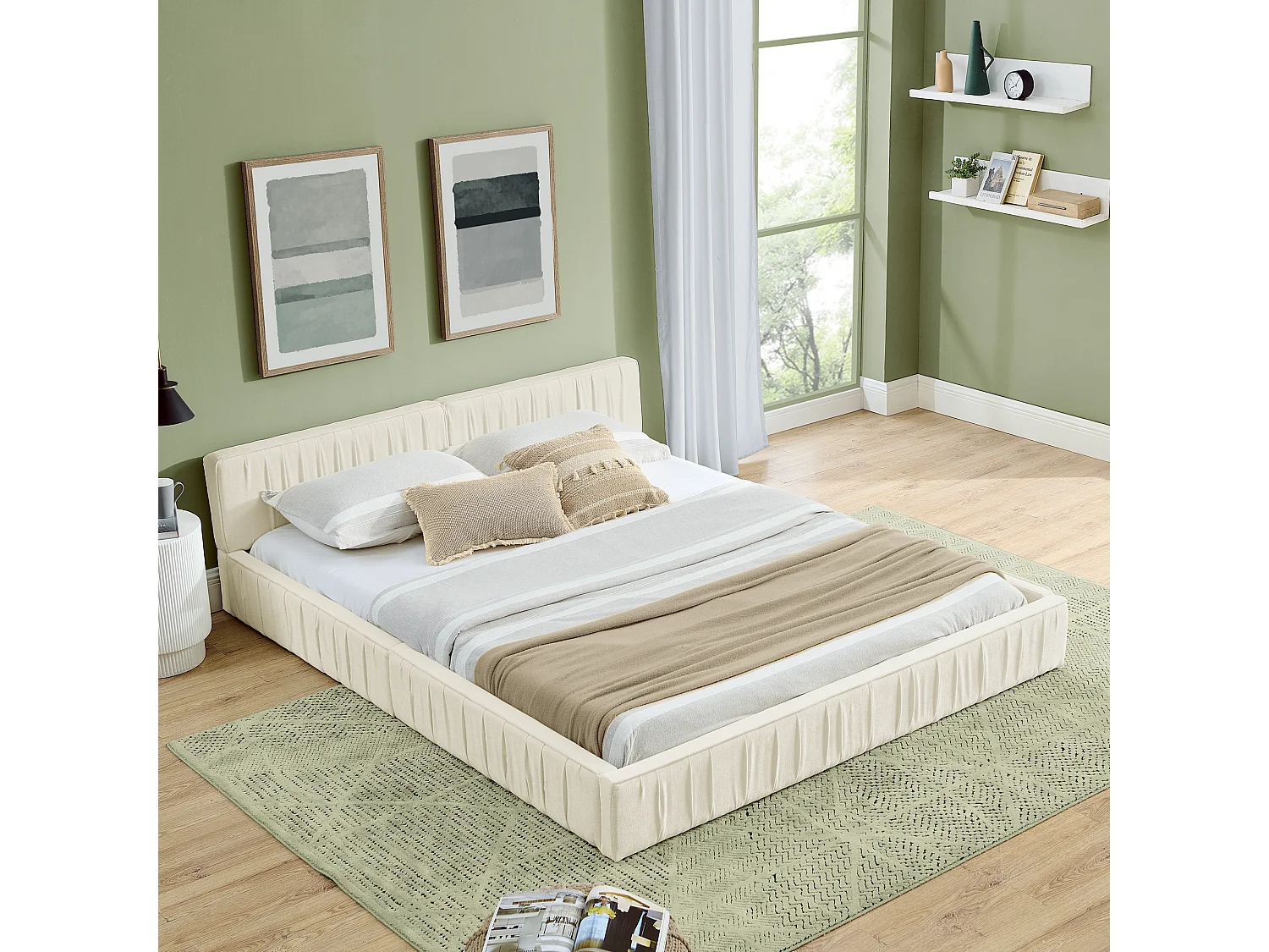 Lit adulte 140x200 cm avec tête de lit tapissée, chenille beige - sans matelas