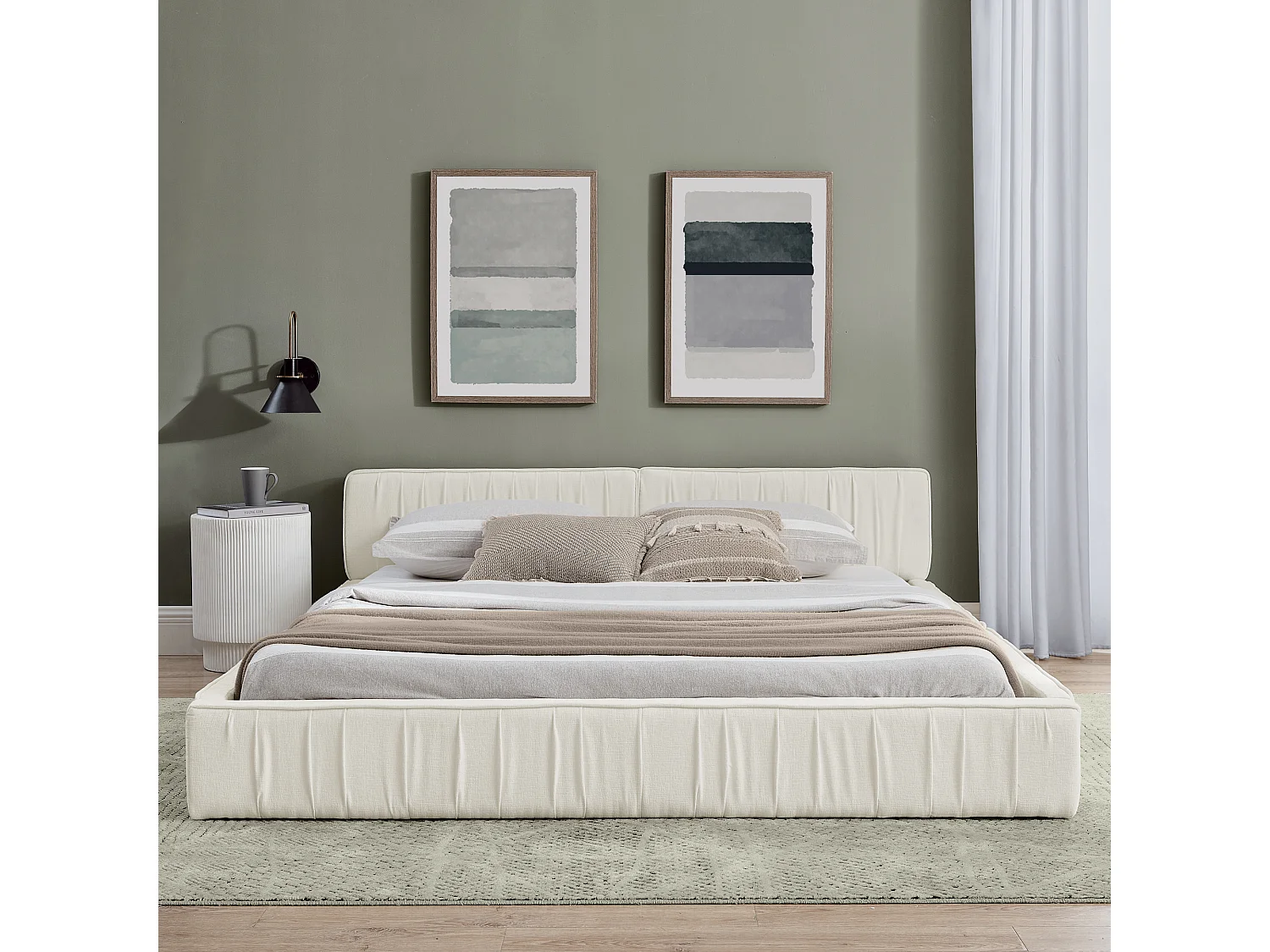 Lit adulte 140x200 cm avec tête de lit tapissée, chenille beige - sans matelas