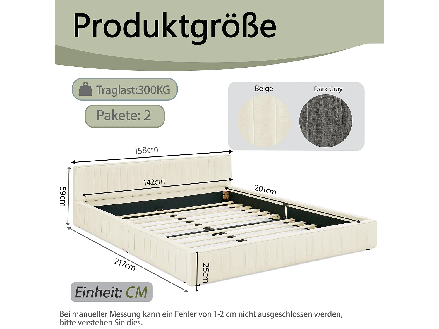 Lit adulte 140x200 cm avec tête de lit tapissée, chenille beige - sans matelas