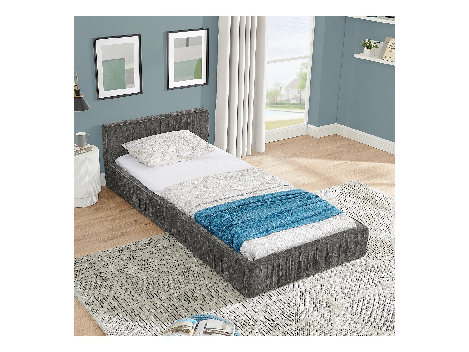 Kinderbett 90x200 cm mit gepolstertem Kopfteil, Chenille Dunkelgrau - ohne Matratze