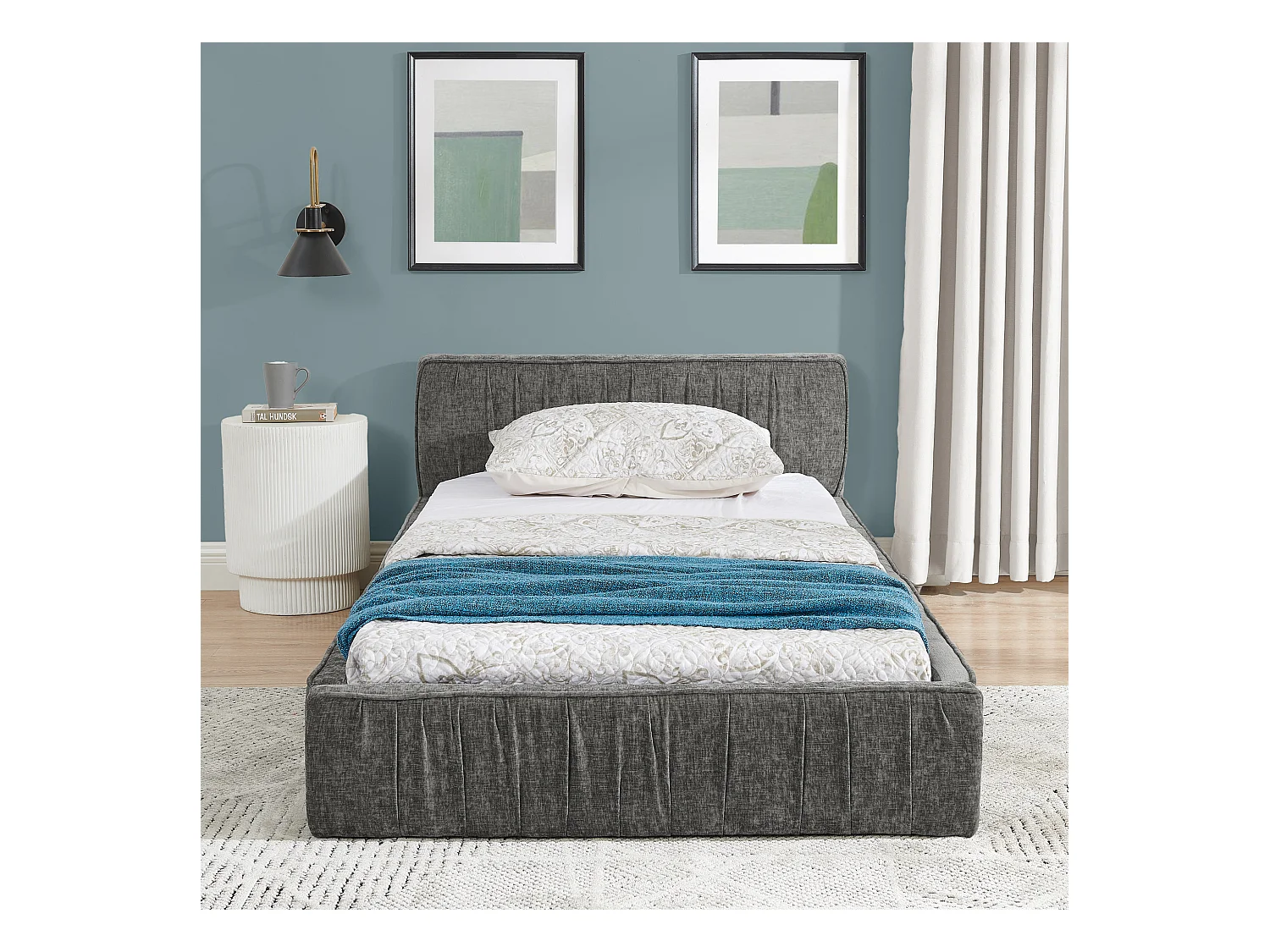 Kinderbett 90x200 cm mit gepolstertem Kopfteil, Chenille Dunkelgrau - ohne Matratze