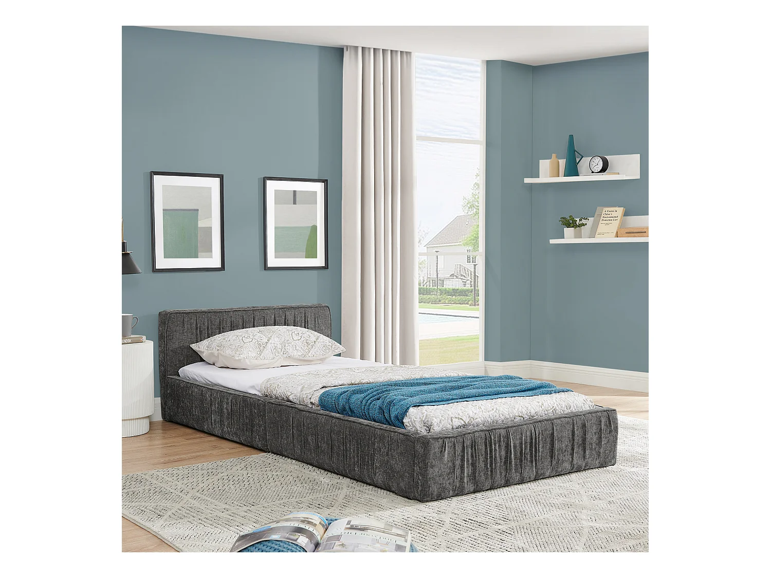 Kinderbett 90x200 cm mit gepolstertem Kopfteil, Chenille Dunkelgrau - ohne Matratze