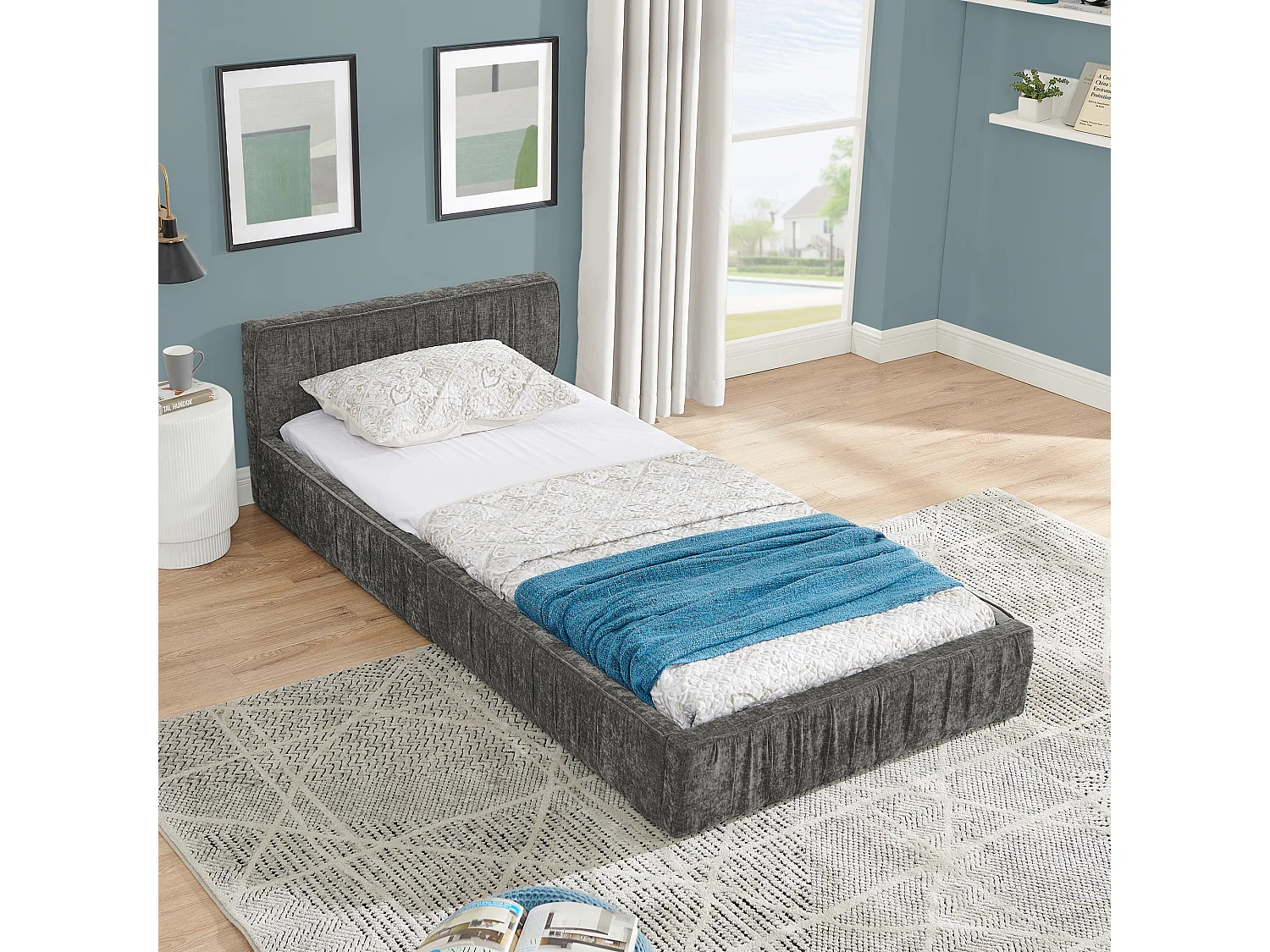 Lit enfant 90x200 cm avec tête de lit tapissée, chenille gris foncé - sans matelas