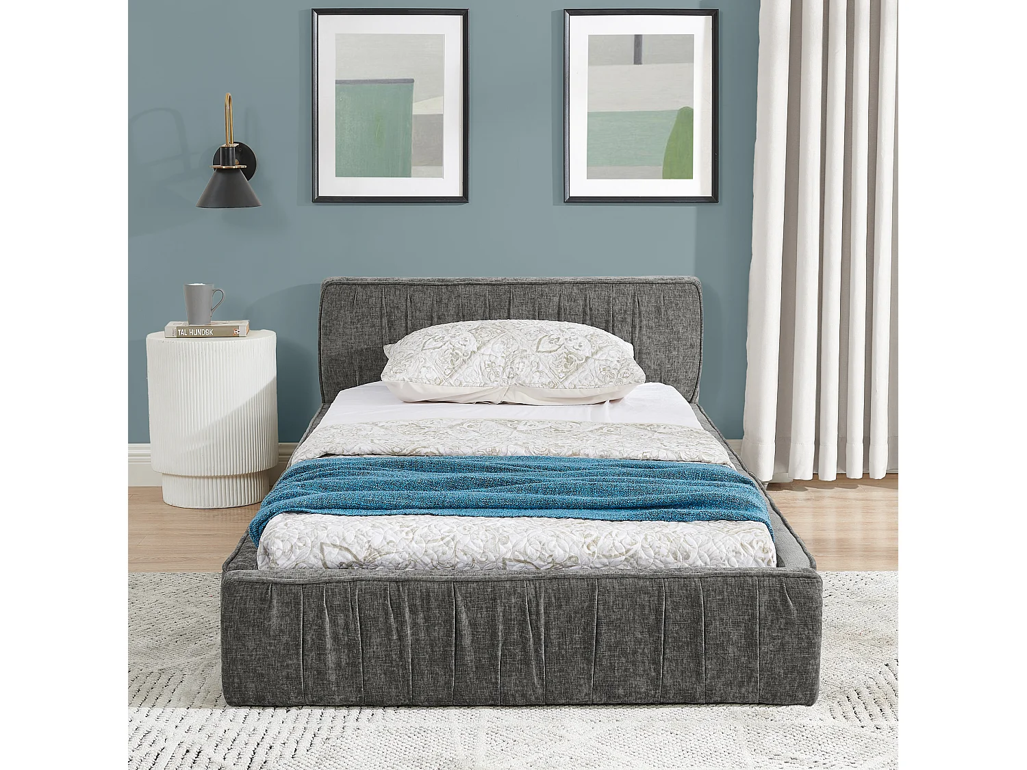 Lit enfant 90x200 cm avec tête de lit tapissée, chenille gris foncé - sans matelas