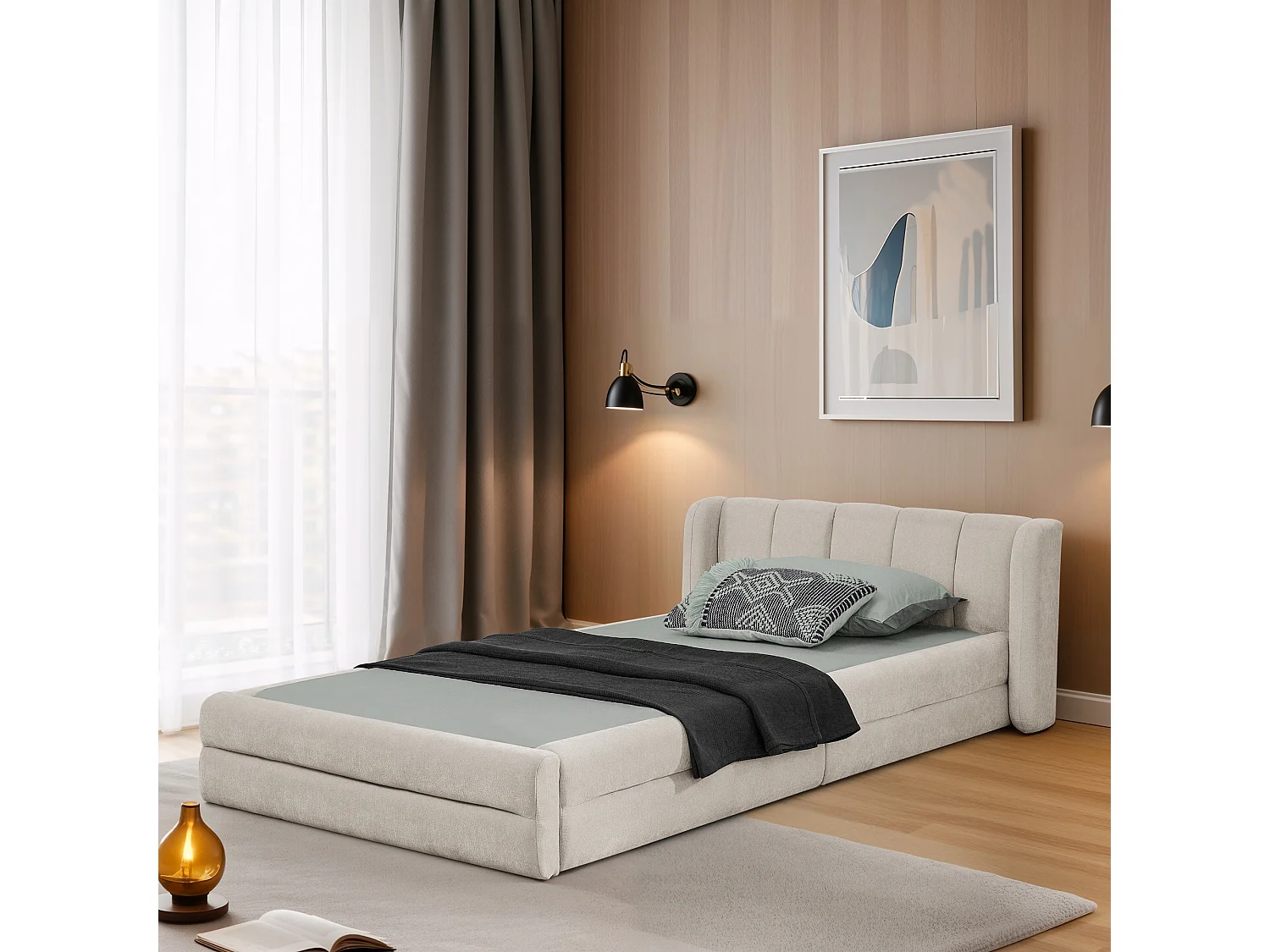 Eenpersoonsbed 90x200 cm met hoofdbord en gevoerde lattenbodem, chenille beige - zonder matras