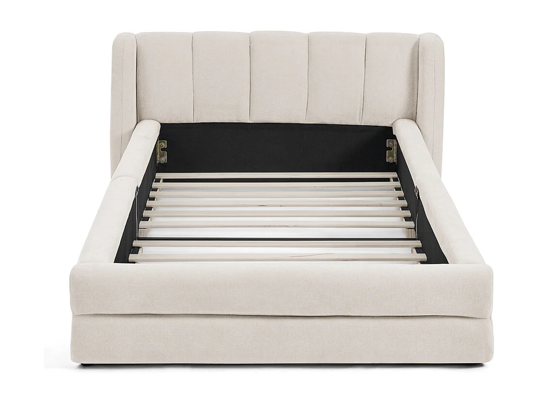 Eenpersoonsbed 90x200 cm met hoofdbord en gevoerde lattenbodem, chenille beige - zonder matras