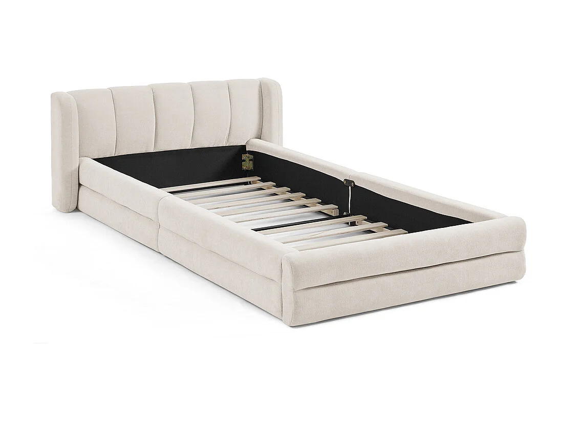 Eenpersoonsbed 90x200 cm met hoofdbord en gevoerde lattenbodem, chenille beige - zonder matras