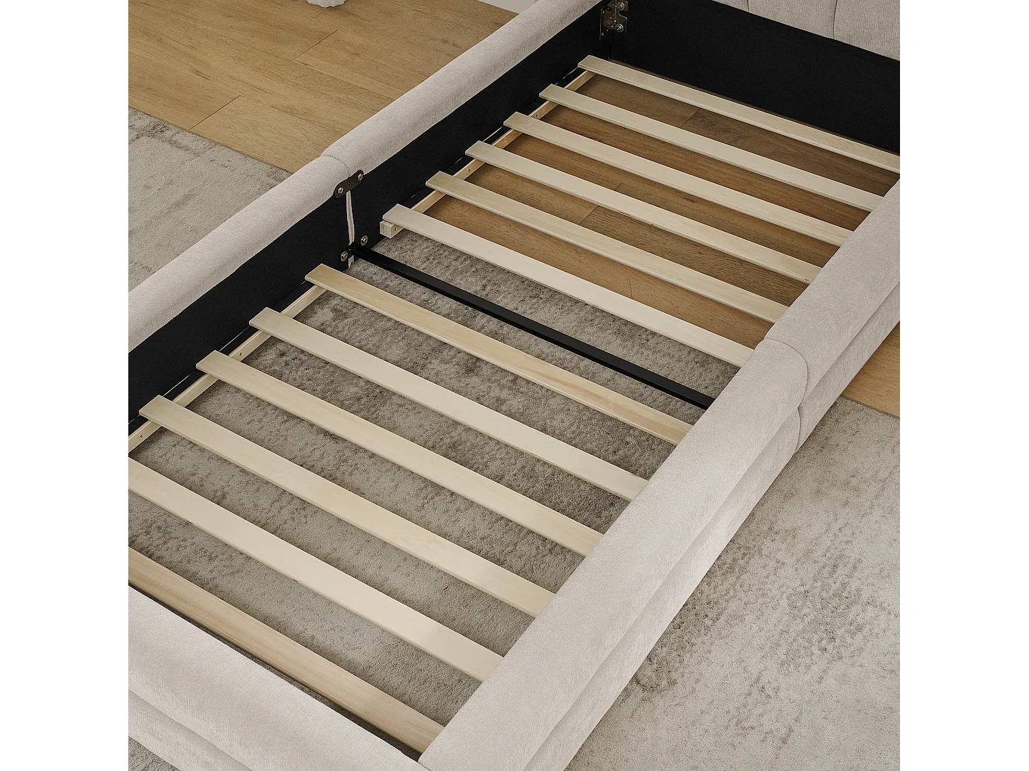 Eenpersoonsbed 90x200 cm met hoofdbord en gevoerde lattenbodem, chenille beige - zonder matras