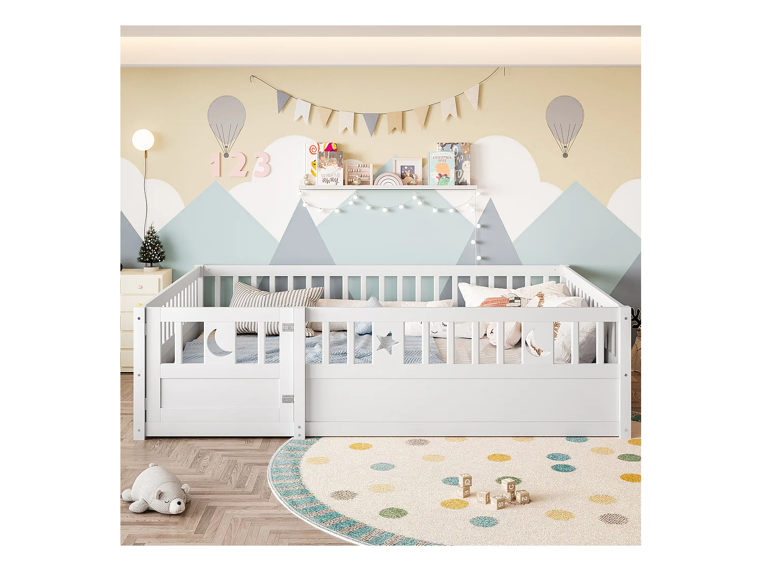 Lit enfant 140x190 cm avec barrières de sécurité et sommier à lattes en bois, blanc - sans matelas