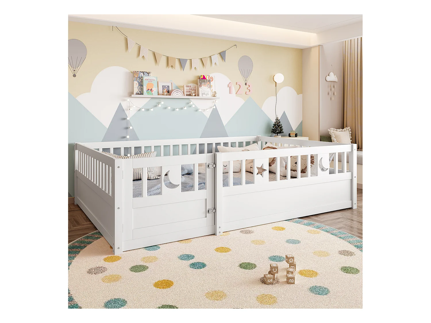 Lit enfant 140x190 cm avec barrières de sécurité et sommier à lattes en bois, blanc - sans matelas
