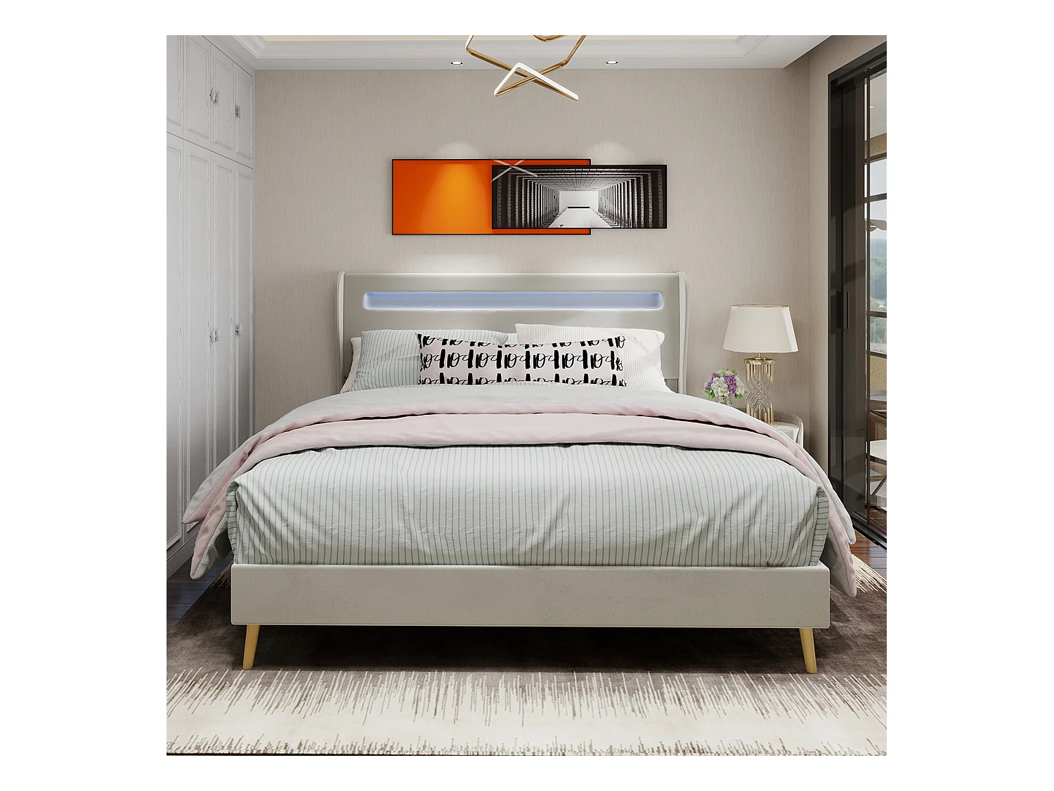 Lit adulte 140x200 cm avec éclairage LED et tête de lit capitonnée - velours beige (sans matelas)