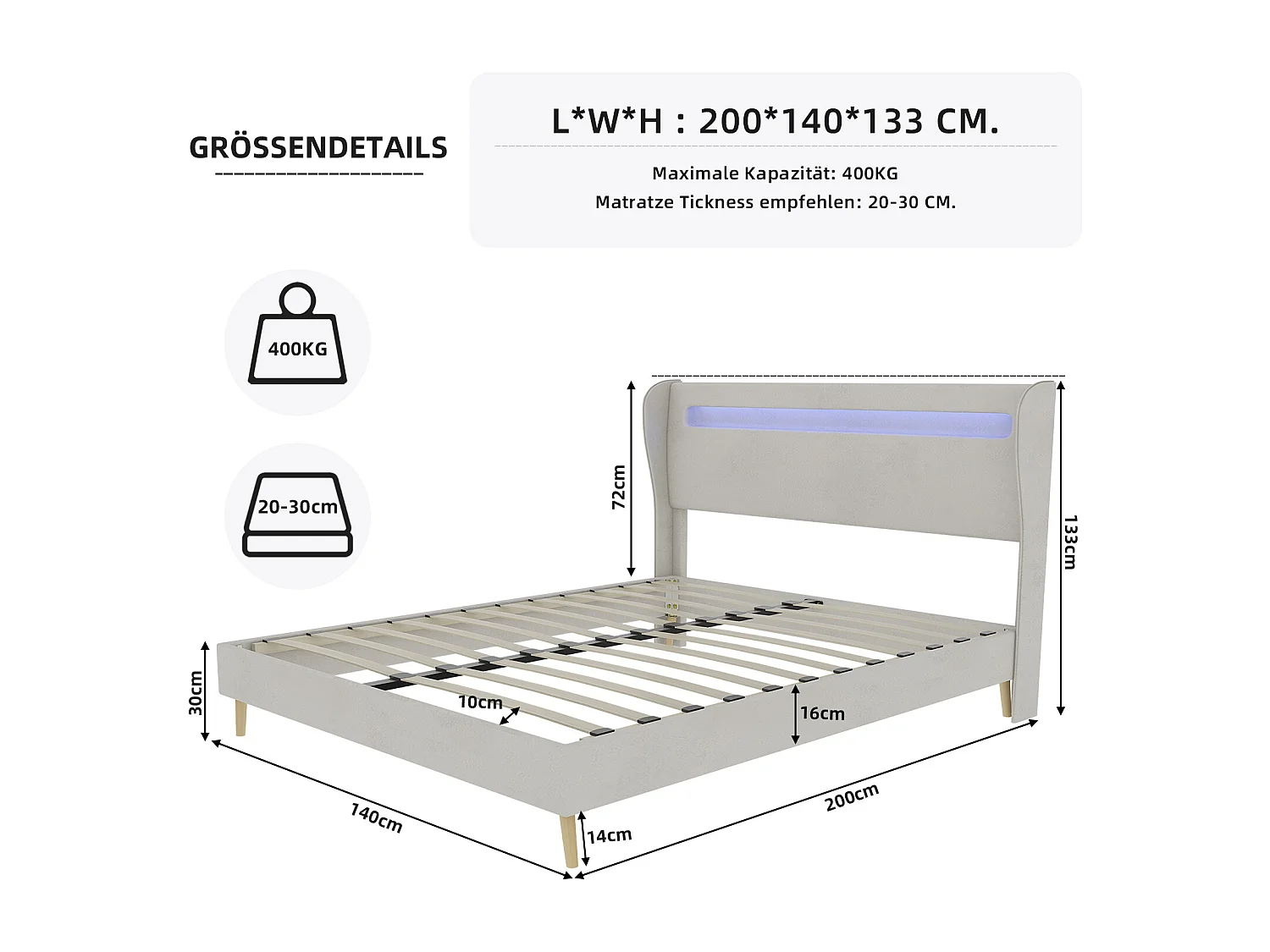 140 x 200 cm großes Erwachsenenbett mit LED-Beleuchtung und gepolstertem Kopfteil – beiger Samt (ohne Matratze)