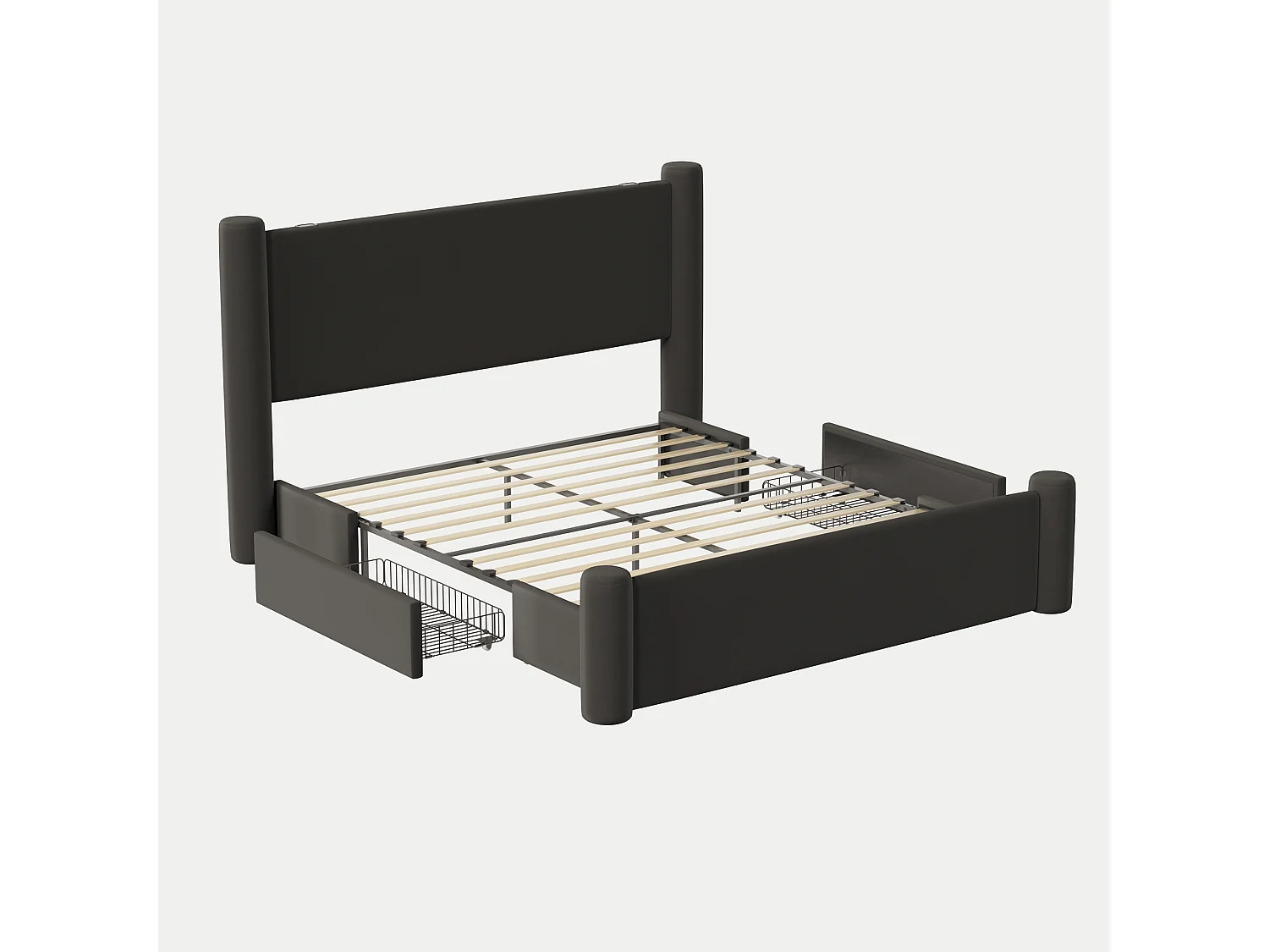 Cama doble 140x200 cm con 2 cajones y cabecero acolchado, puerto USB - terciopelo negro (sin colchón)