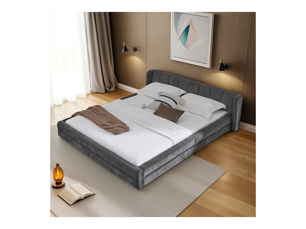 Łóżko podwójne 140x200 cm z zagłówkiem i tapicerowanym stelażem listwowym, szenila szara - bez materaca