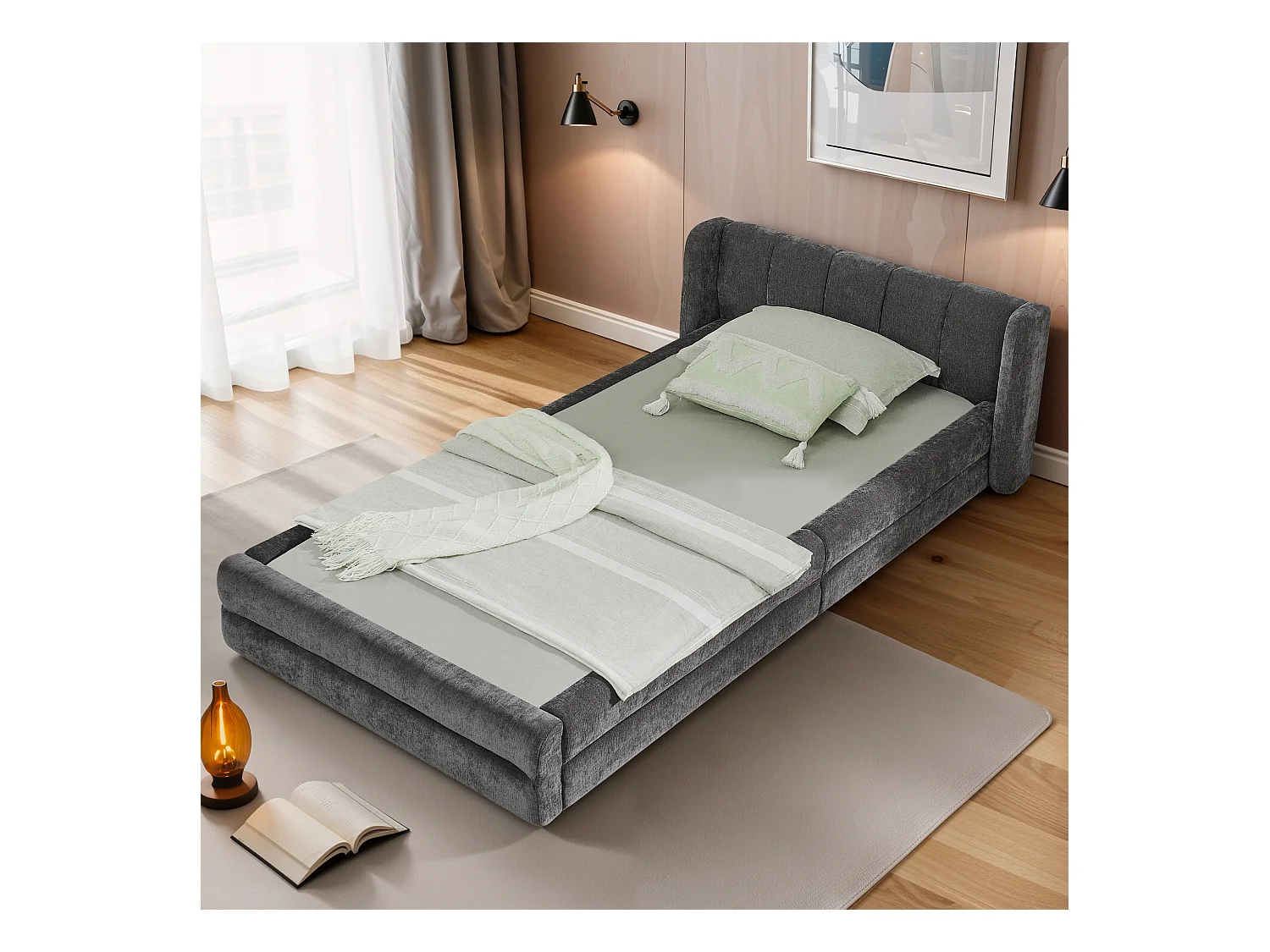 Łóżko pojedyncze 90x200 cm z zagłówkiem i tapicerowanym stelażem listwowym, szenila szara - bez materaca