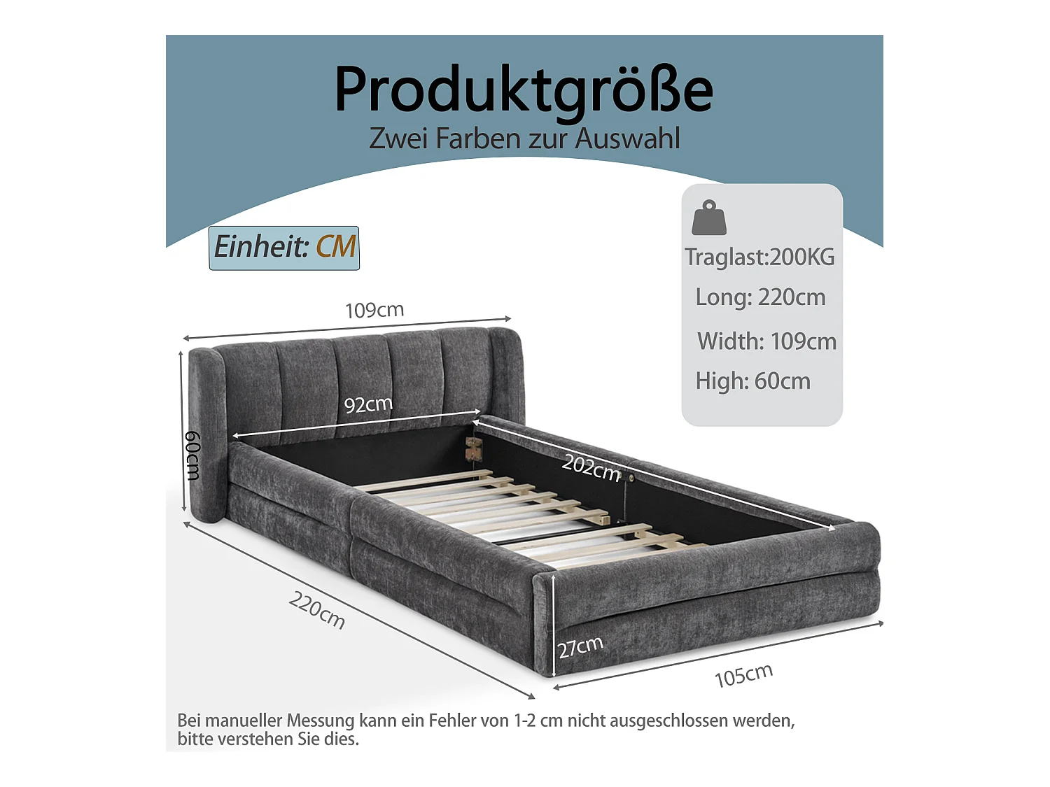 Łóżko pojedyncze 90x200 cm z zagłówkiem i tapicerowanym stelażem listwowym, szenila szara - bez materaca