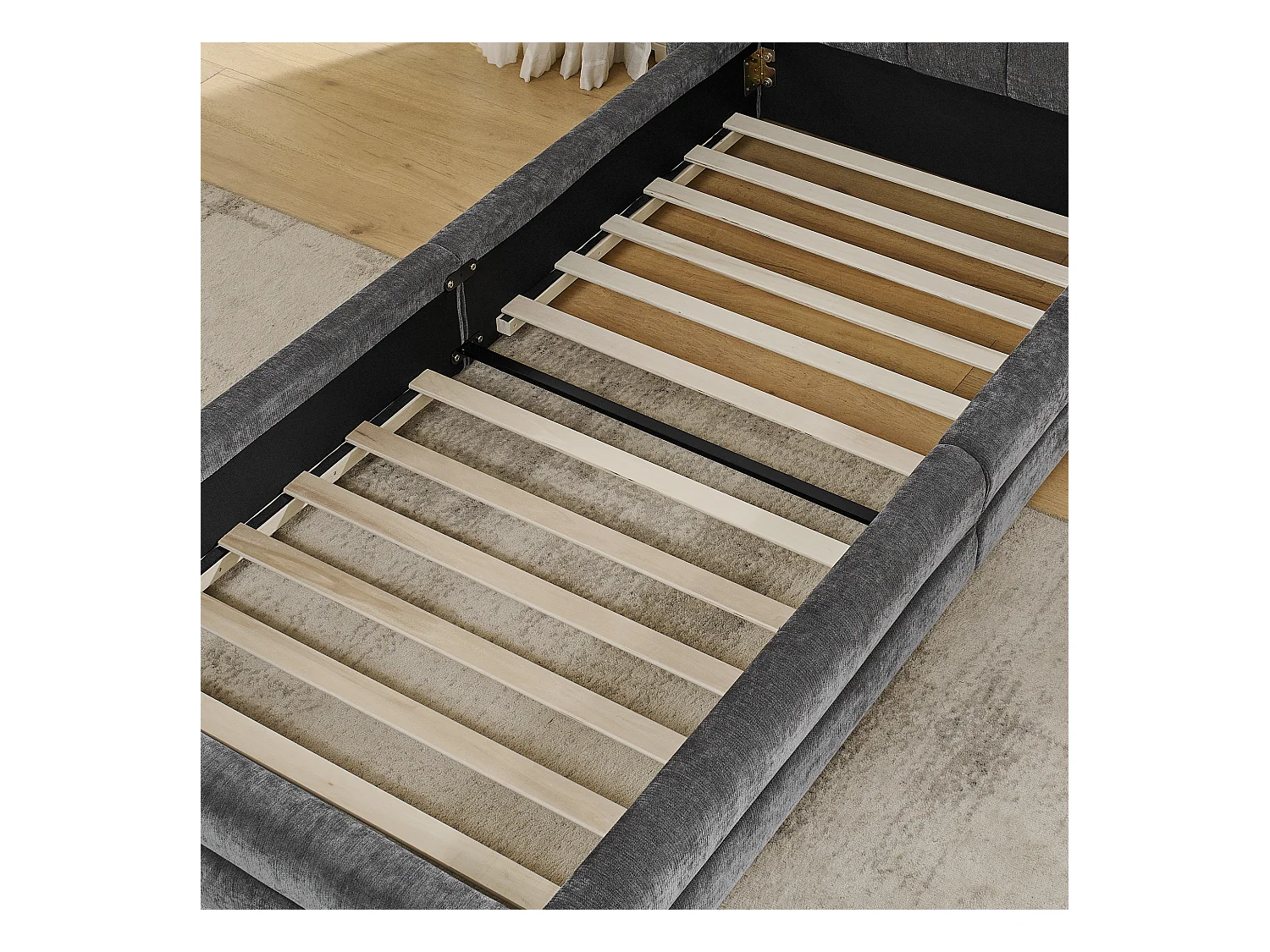 Łóżko pojedyncze 90x200 cm z zagłówkiem i tapicerowanym stelażem listwowym, szenila szara - bez materaca