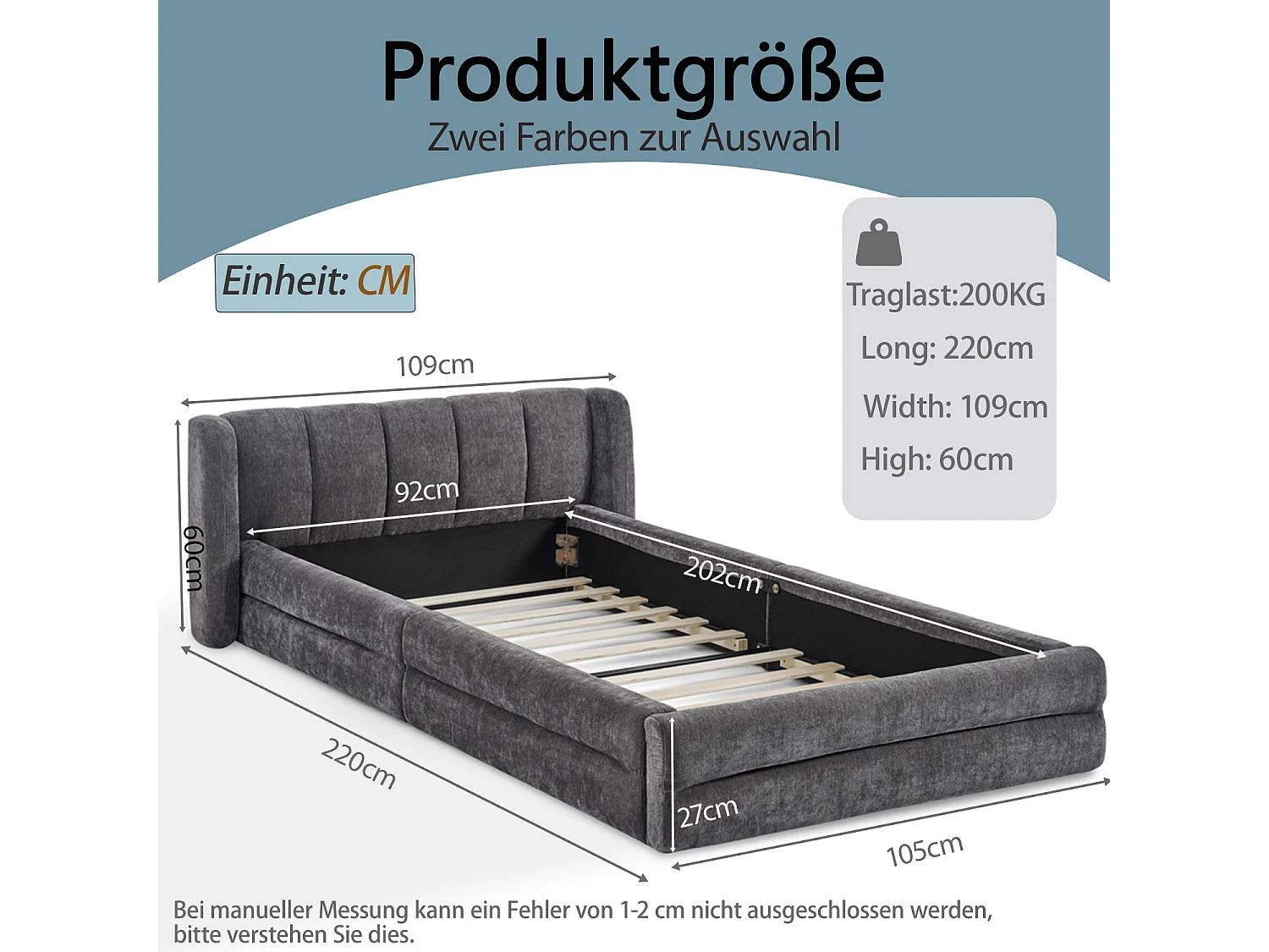 Lit simple 90x200 cm avec tête de lit et sommier à lattes rembourrés, chenille gris - sans matelas