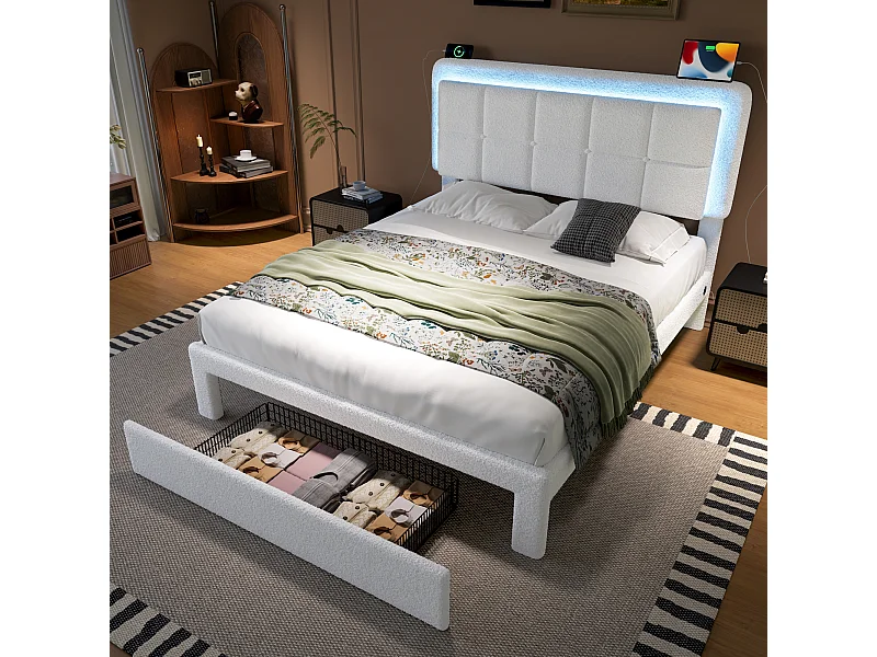 Tweepersoonsbed 160x200 cm met LED en USB-poort, 1 opberglade - wit pluche (zonder matras)