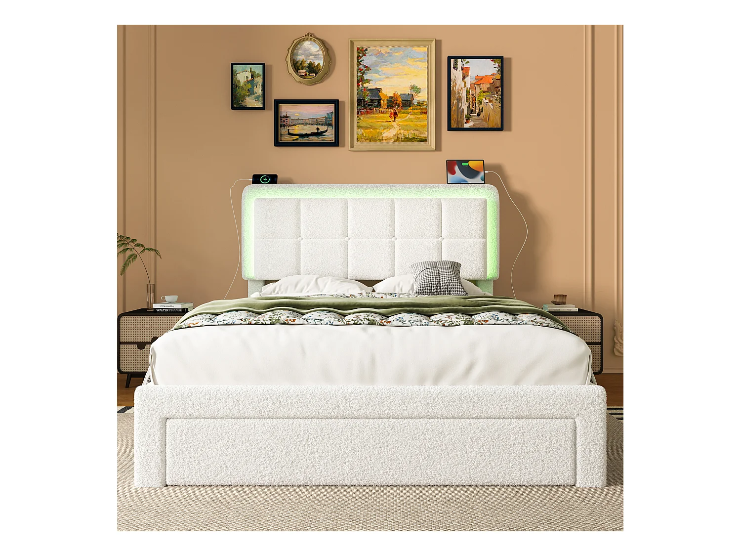 Lit double 160x200 cm avec LED et USB, 1 tiroir de rangement - peluche blanche (sans matelas)