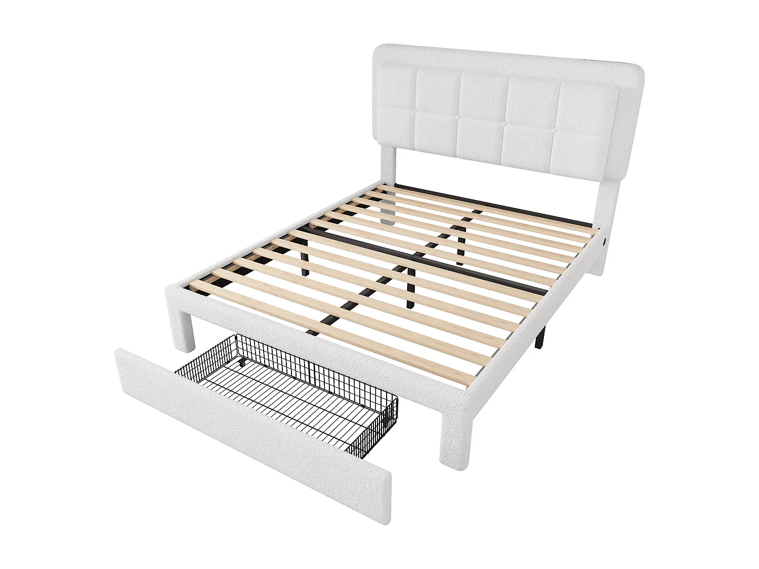 Lit double 160x200 cm avec LED et USB, 1 tiroir de rangement - peluche blanche (sans matelas)