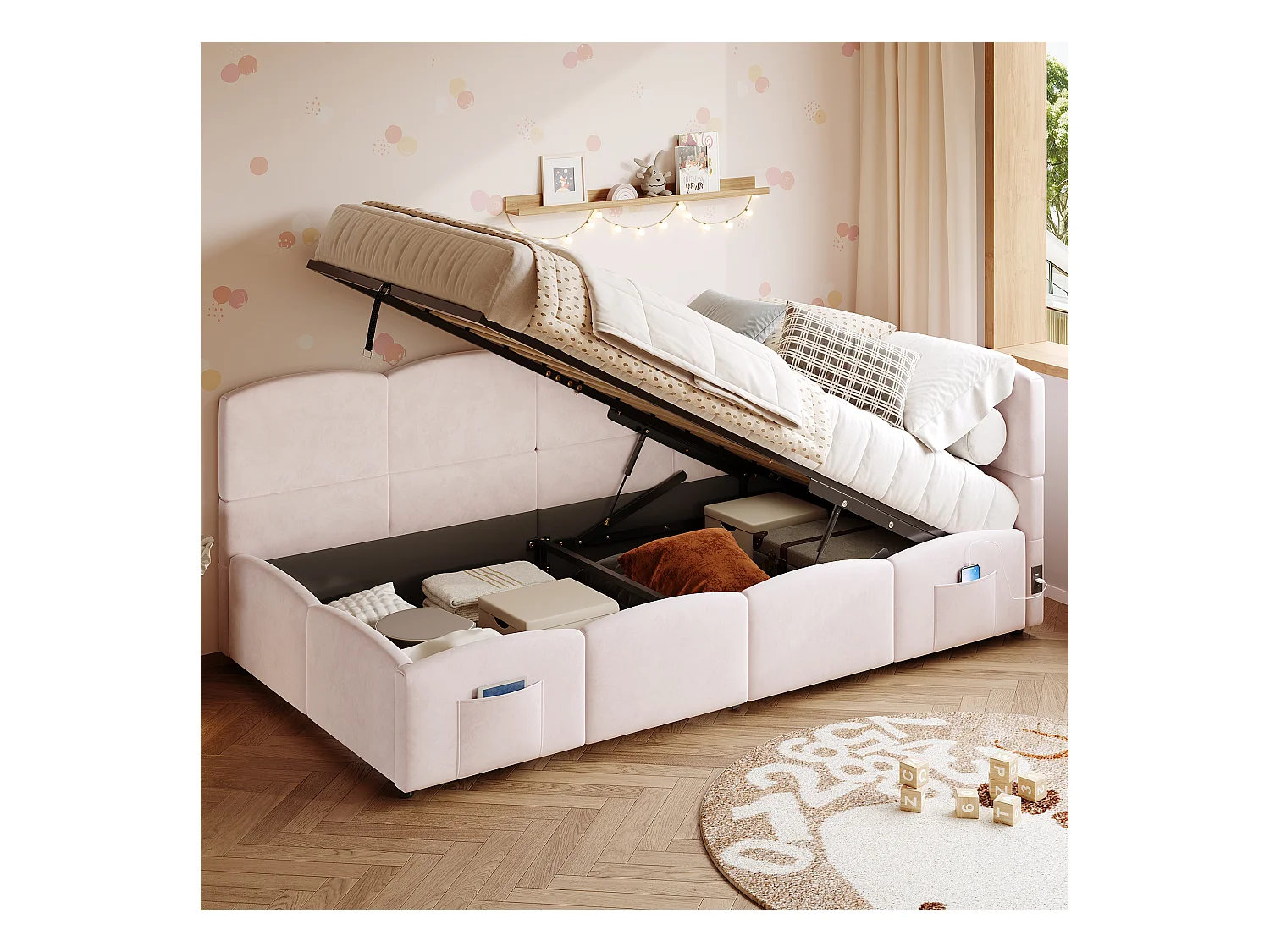 Lit banquette 90x200 cm avec rangement et sommier à lattes, prise USB - velours rose (sans matelas)