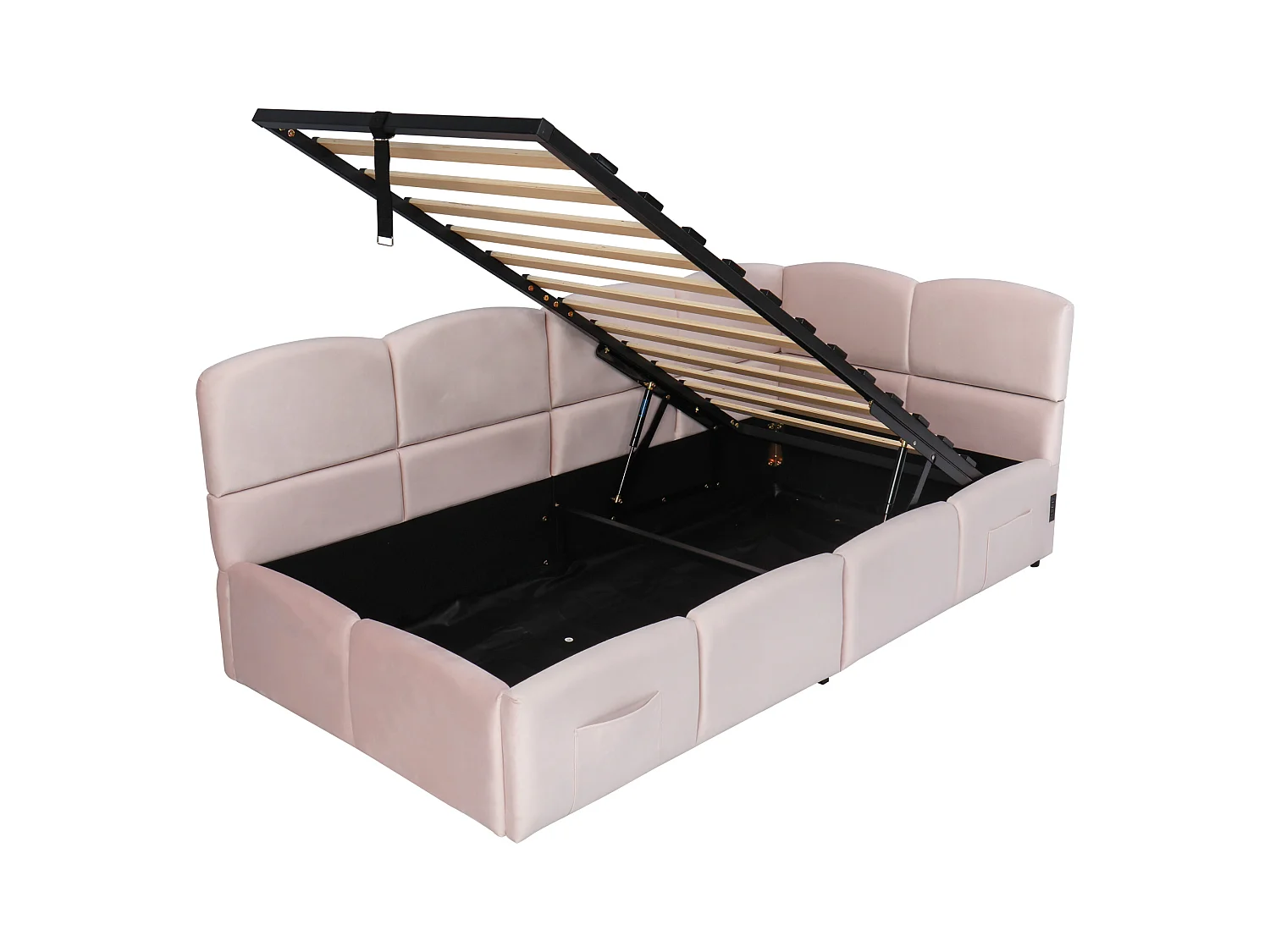 Lit banquette 90x200 cm avec rangement et sommier à lattes, prise USB - velours rose (sans matelas)