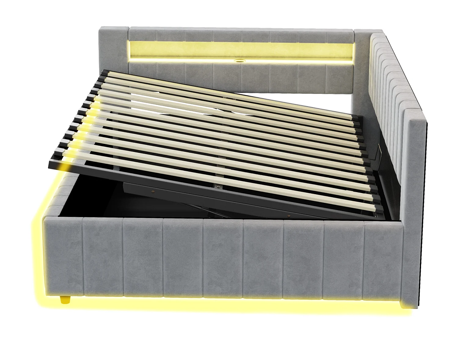 Lit banquette 140x200 cm avec rangement, éclairage LED et port USB - velours gris clair (sans matelas)