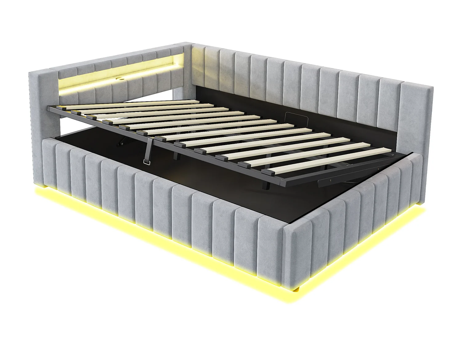 Lit banquette 140x200 cm avec rangement, éclairage LED et port USB - velours gris clair (sans matelas)