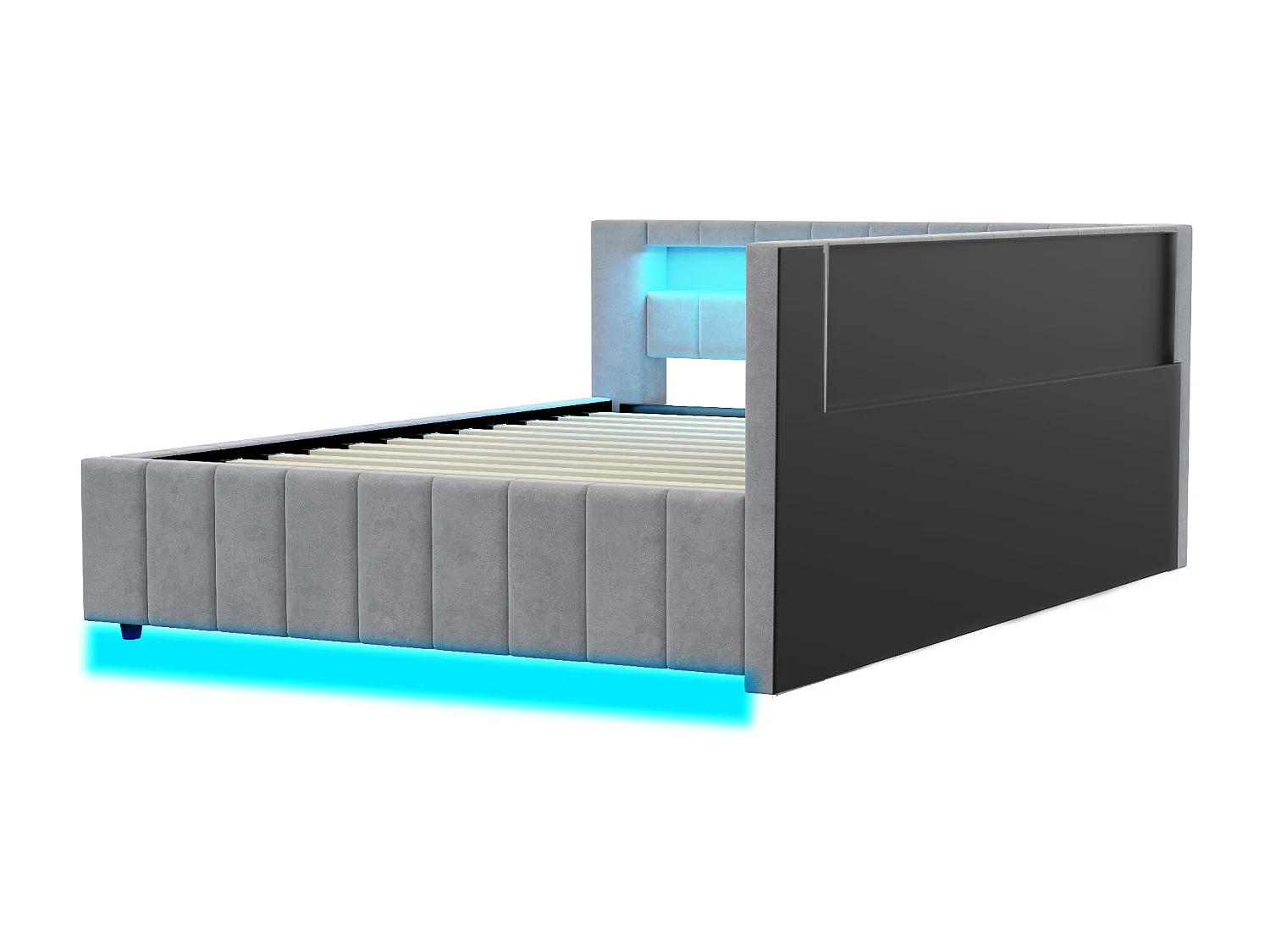 Lit banquette 140x200 cm avec rangement, éclairage LED et port USB - velours gris clair (sans matelas)